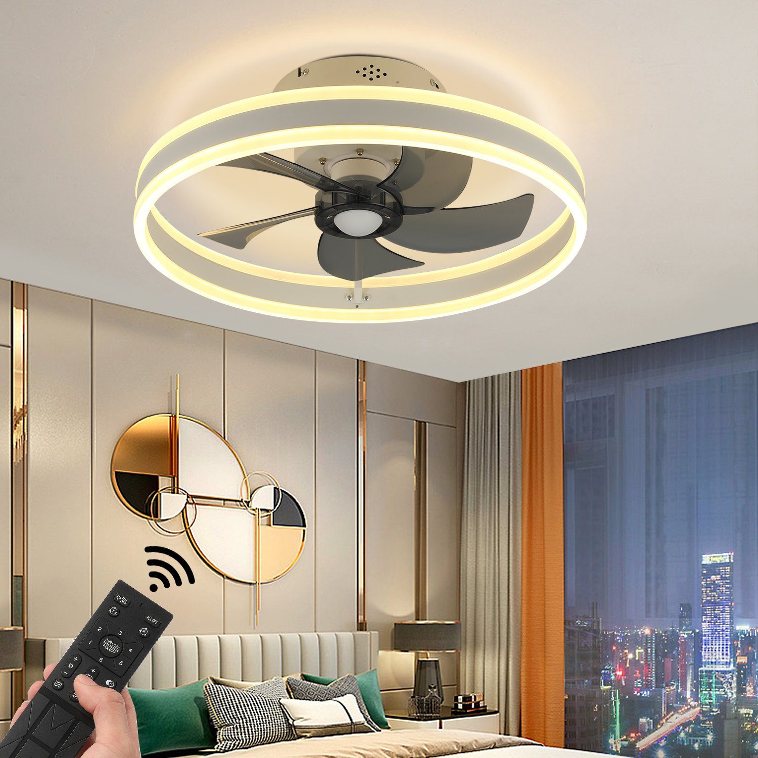 oyajia Deckenleuchte 50W LED Deckenlampe Lüfter, 6-stufiger integriert, für Dimmbare Leuchte, Ventilator LED Deckenventilator, Decken Ø50cm, Kaltweiß/Naturweiß/Warmweiß, den Innen LED fest LED-Beleuchtung