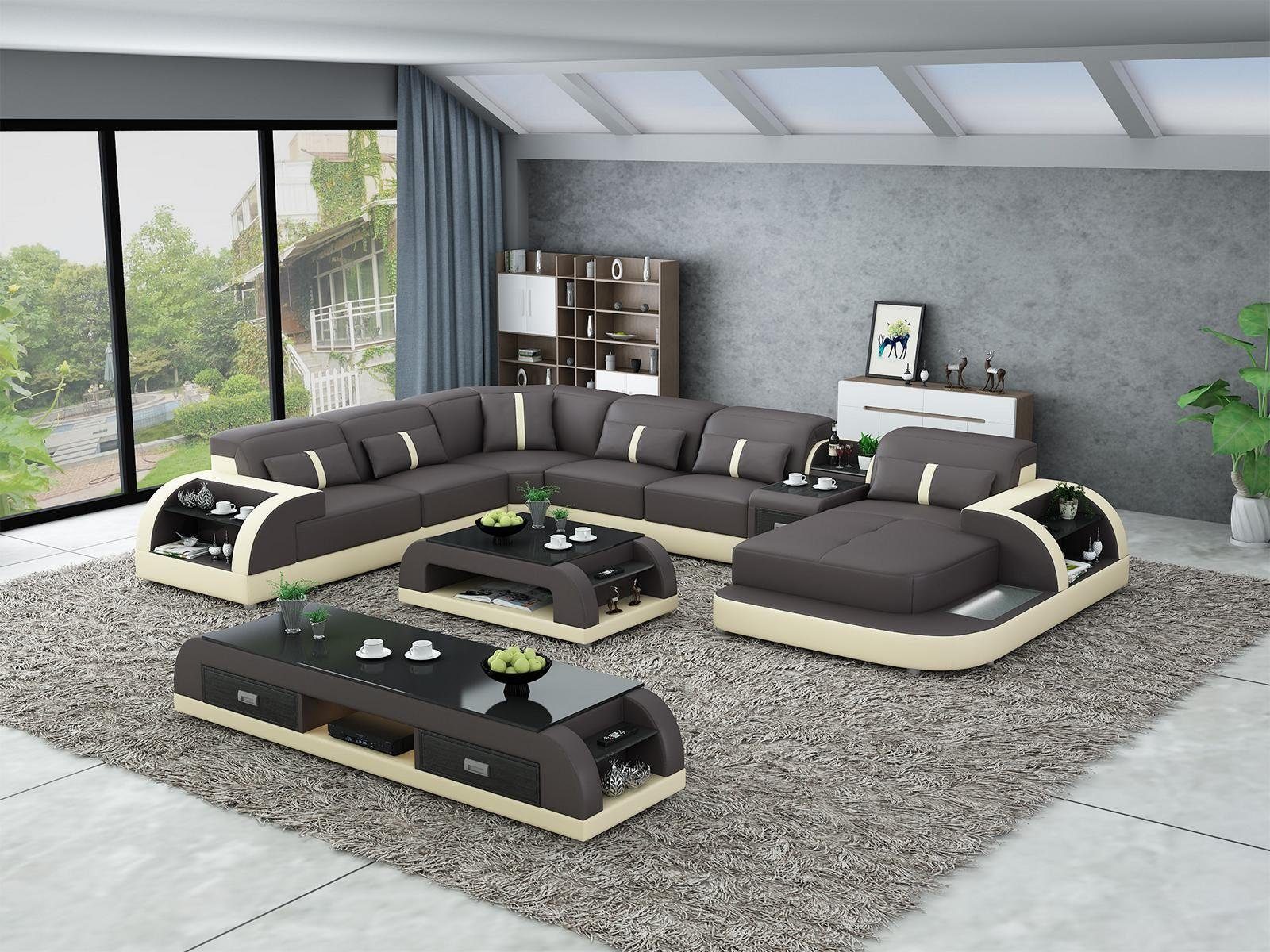 JVmoebel Wohnzimmer-Set, Design Wohnlandschaft Ecksofa Sofa Couch U-Form Tisch Leder 2tlg. Braun/Weiß