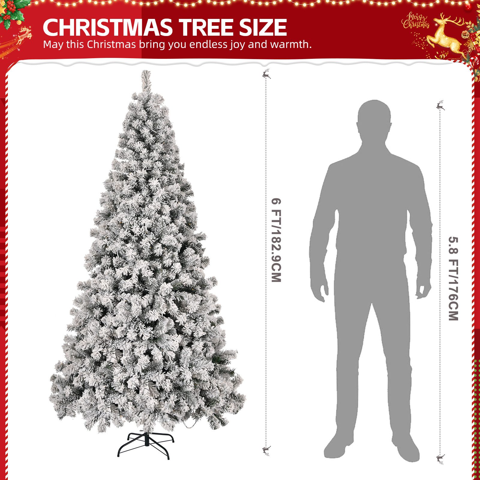 LALAHO Künstlicher Weihnachtsbaum Künstlicher Tannenbaum mit LED Beleuchtung, Schnee, 180cm mit 750 Zweige, 100 LEDs mit 8 Modi, für Weihnachtsdeko