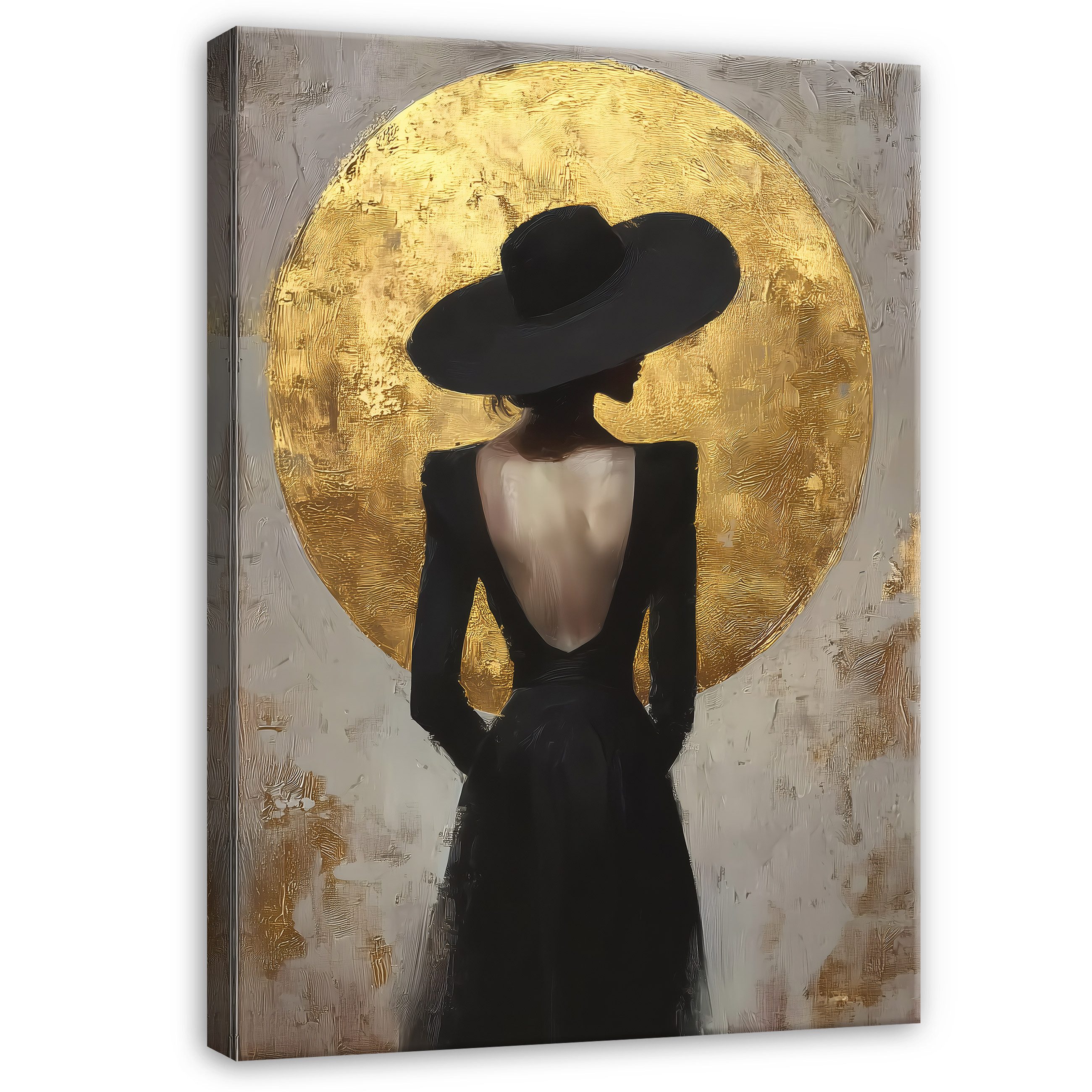 Wallarena Leinwandbild Frau mit Hut Schwarz Weiß Gold Abstrakt Wandbilder W günstig online kaufen