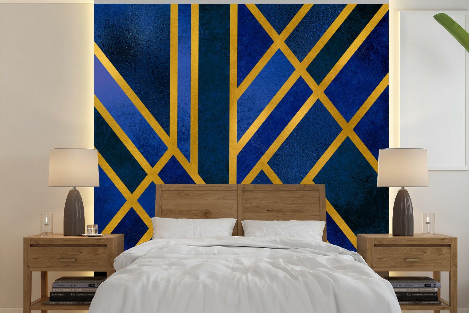 Auslauf MuchoWow Fototapete Gold - Blau Schlafzimmer Design bedruckt, - Matt, Fototapete (4 St), Vliestapete Küche, - Luxus, Wohnzimmer für