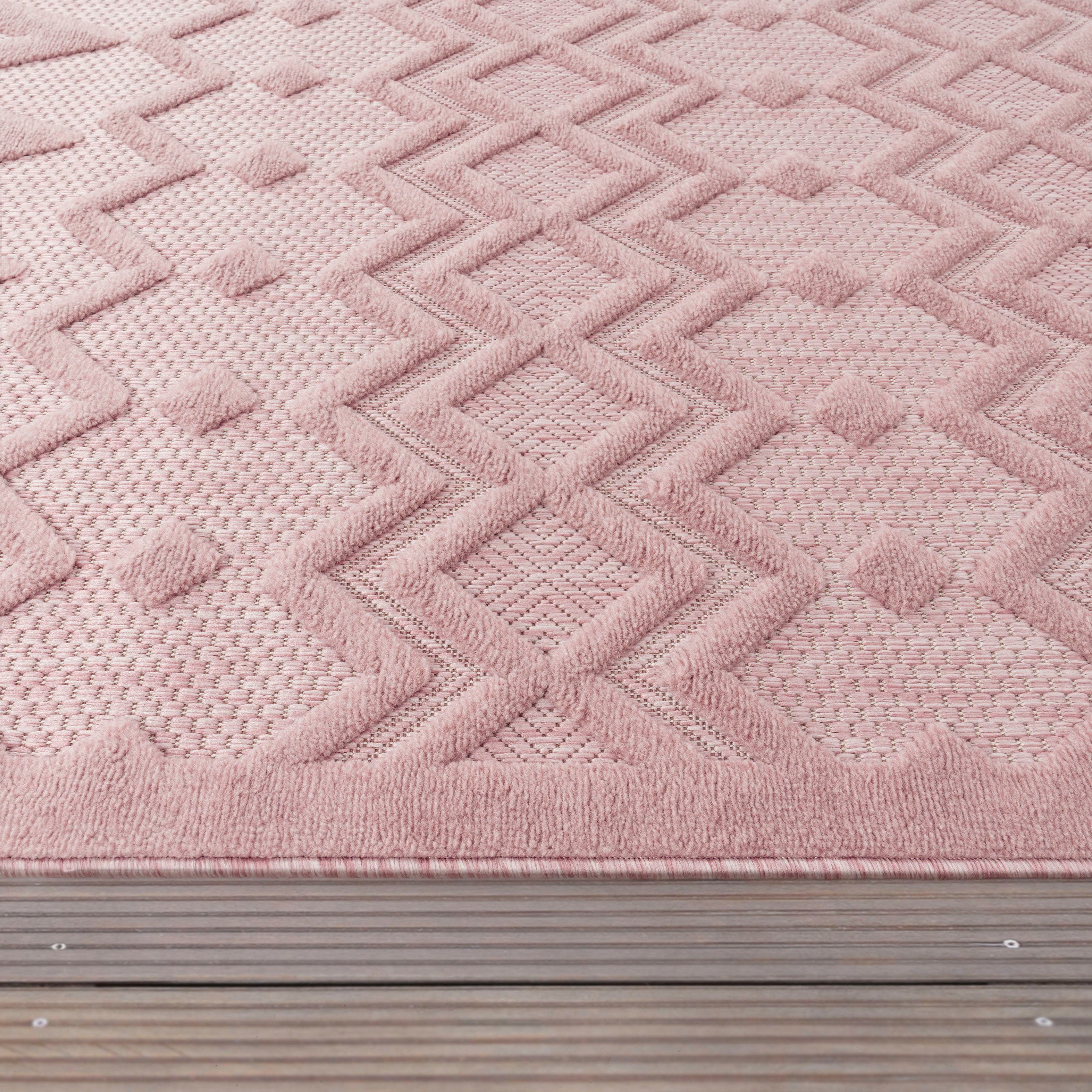 Teppich Livorno 671, Outdoor Scandi, 14 Hoch-Tief Effekt, Uni-Farben, rechteckig, Paco geeignet Muster, Rauten Home, Höhe: mm, pink