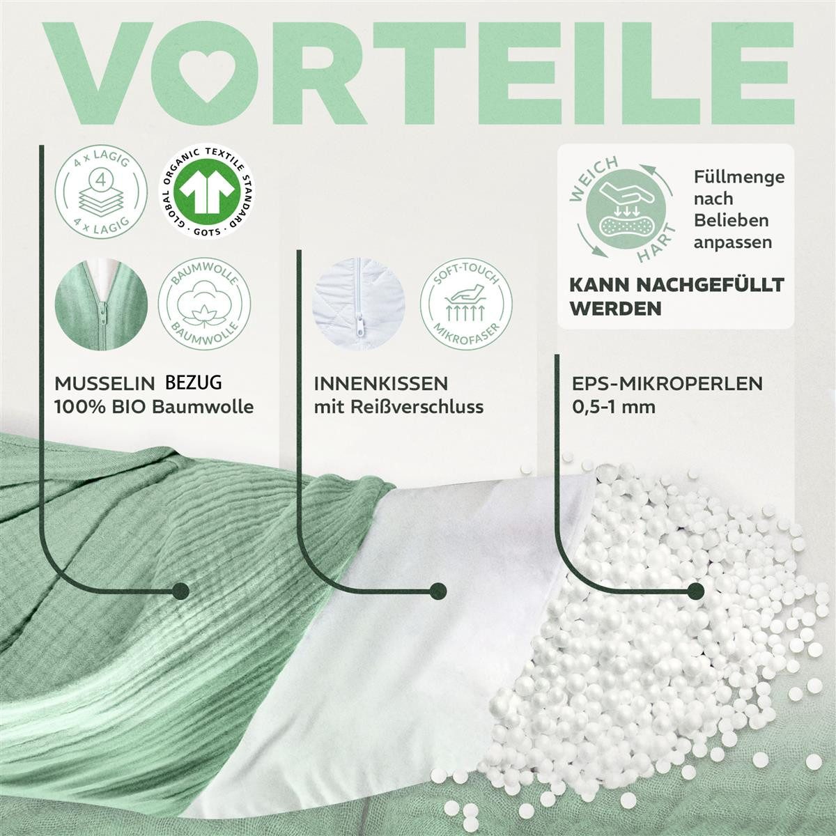 SEI Design Stillkissen Seitenschläferkissen Babynestchen mit EPS Mikroperlen, Schwangerschaftskissen mit Bezug, Schwangerschaftskissen mit Bezug, Musselin BIO B – Bild 5 von 5