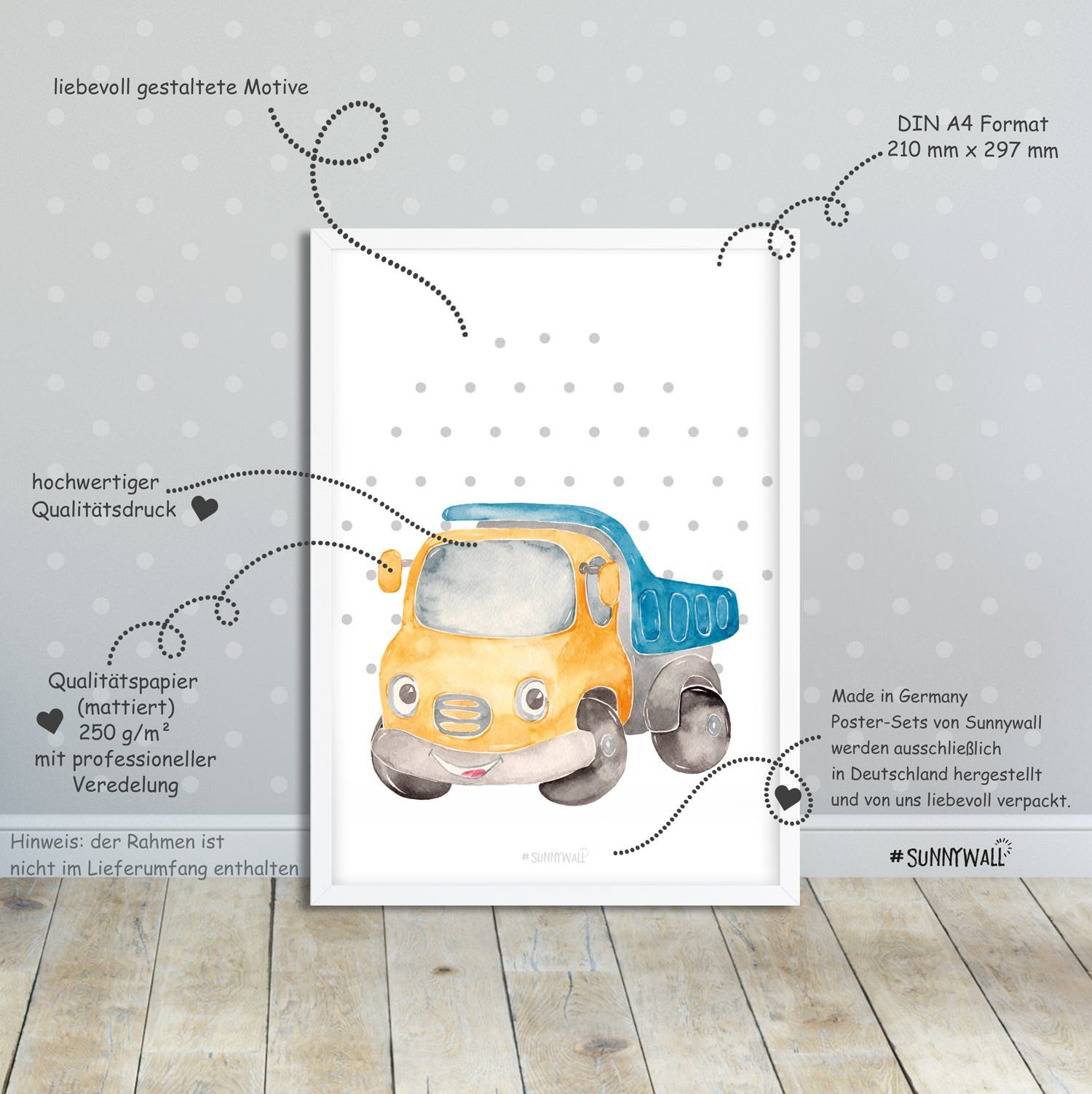 Sunnywall Poster Poster Kinderzimmer Kleine Autos- Little Cars (3er Set), Auto (Set, 3 St), ungerahmt