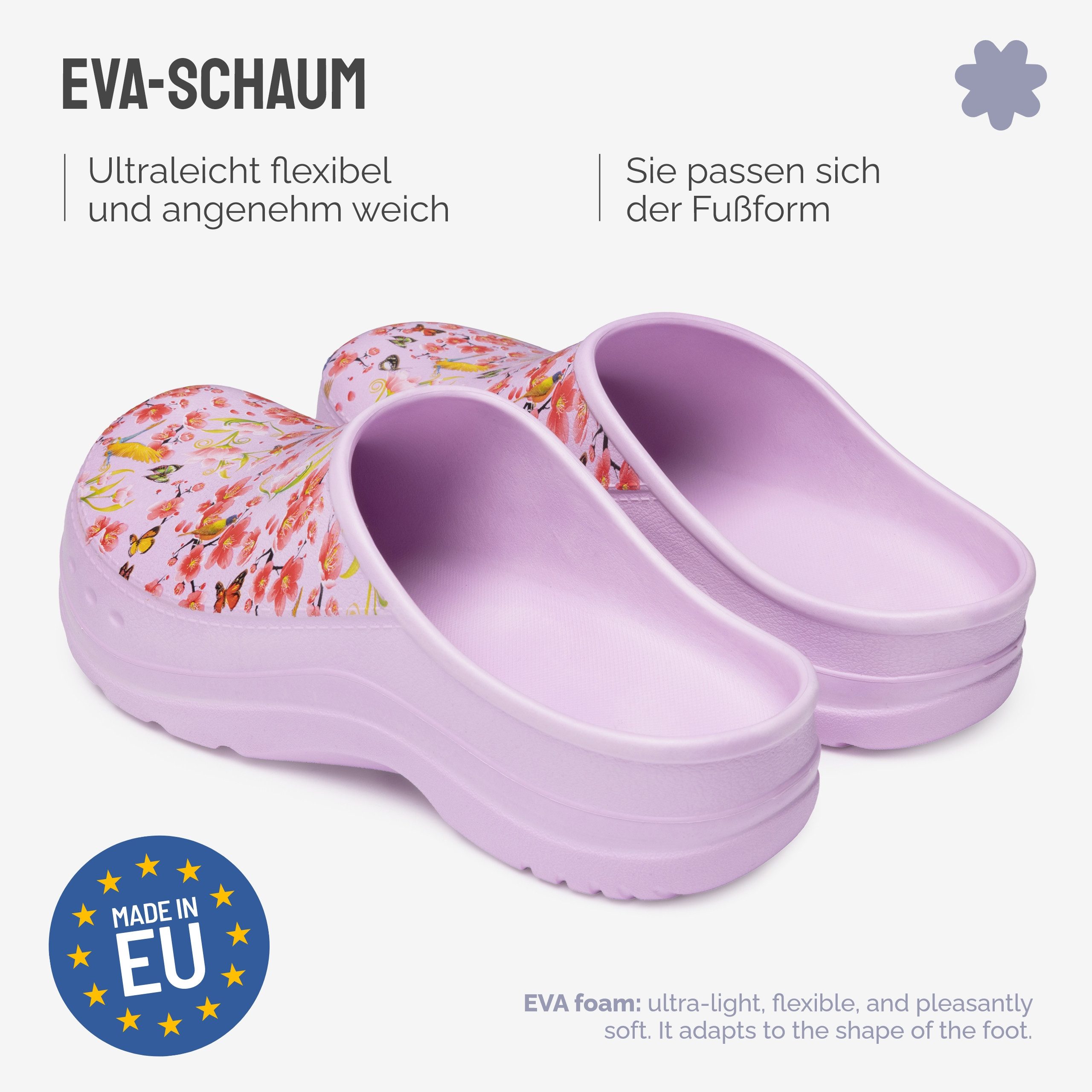 Ladeheid Gartenclogs für Damen Ultraleicht EVA Gemustert Gartenschuhe LA-CA-27 Clog (38 EU, Helllila/Blumen) Wasserdicht & Flexibel – Bild 2 von 5