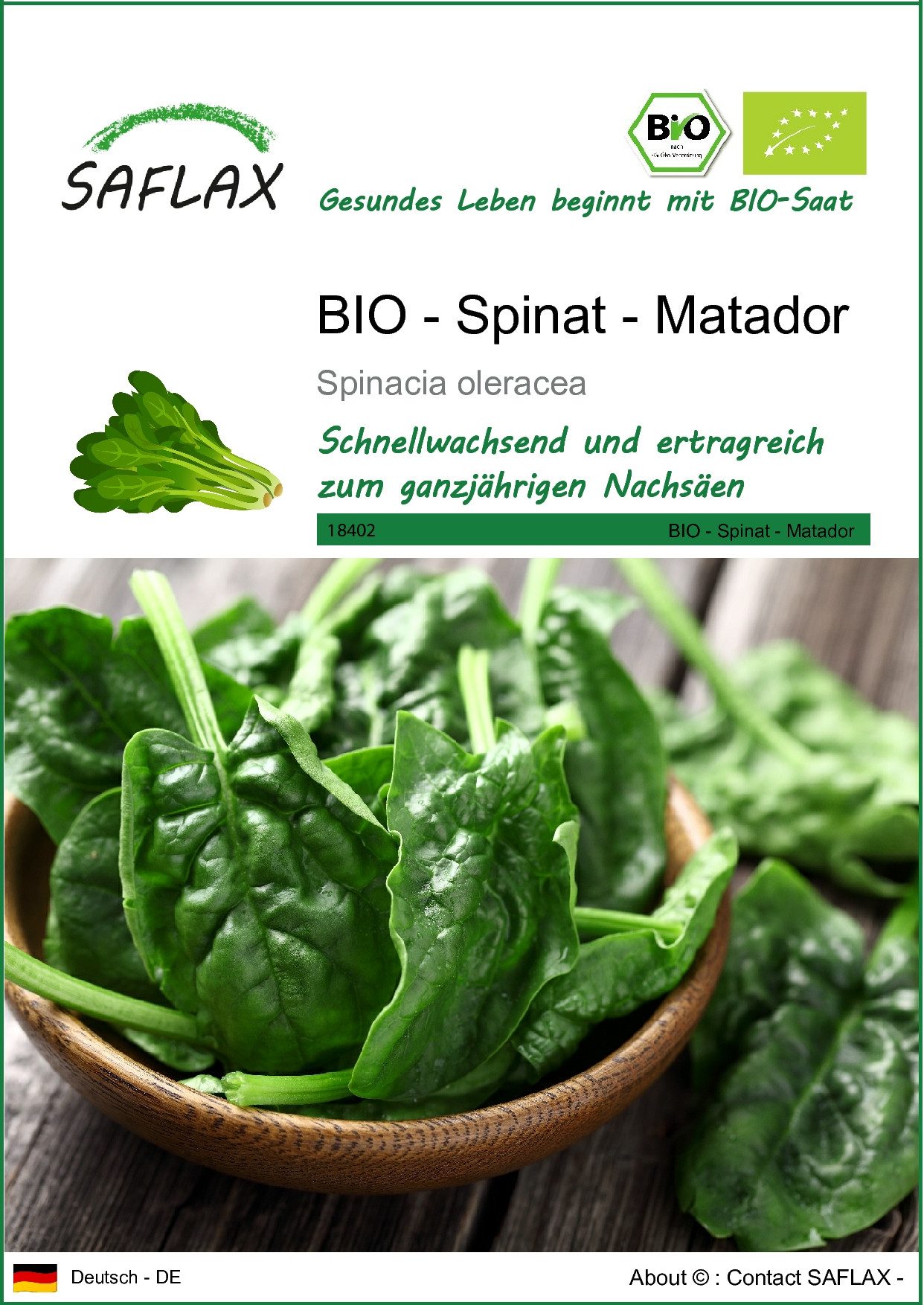 Gemüsesamen SAFLAX - Samen - BIO - Spinat - Matador