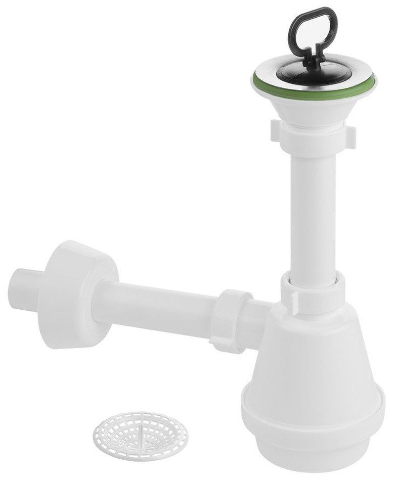 Aqualine Siphon Waschbeckensiphon, Edelstahl-Ablauf 80 mm, Stöpsel mit Griff, DN32, Aqualine-WEH070