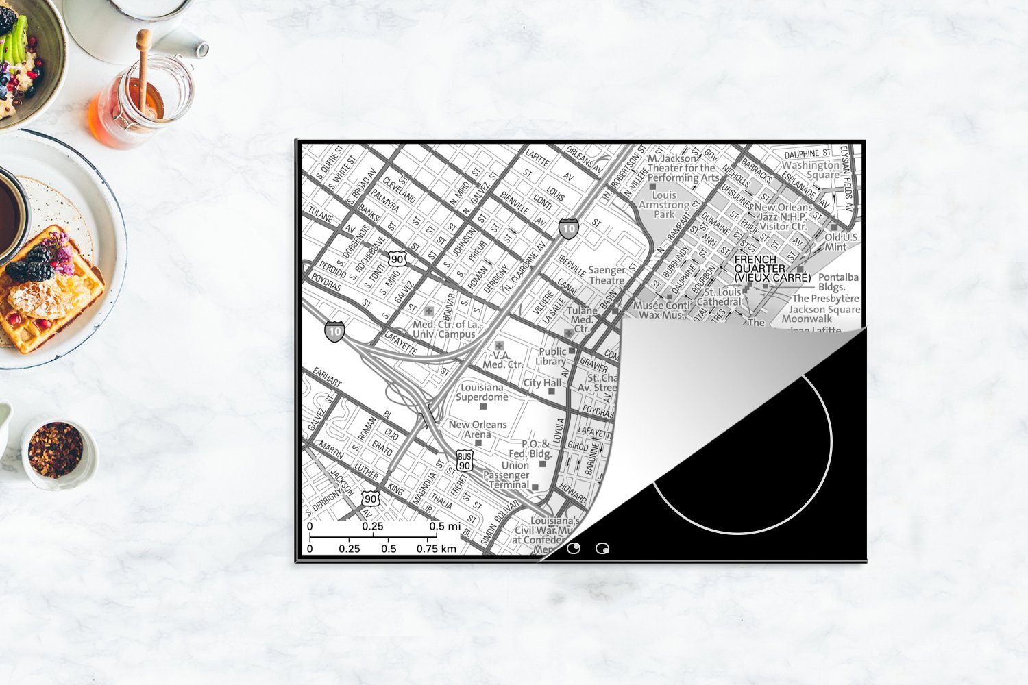 Eine Herdblende-/Abdeckplatte nutzbar, Vinyl, Mobile New und tlg), Arbeitsfläche - Illustration Ceranfeldabdeckung des schwarz cm, (1 weiß, Orleans von MuchoWow 70x52 Stadtplans