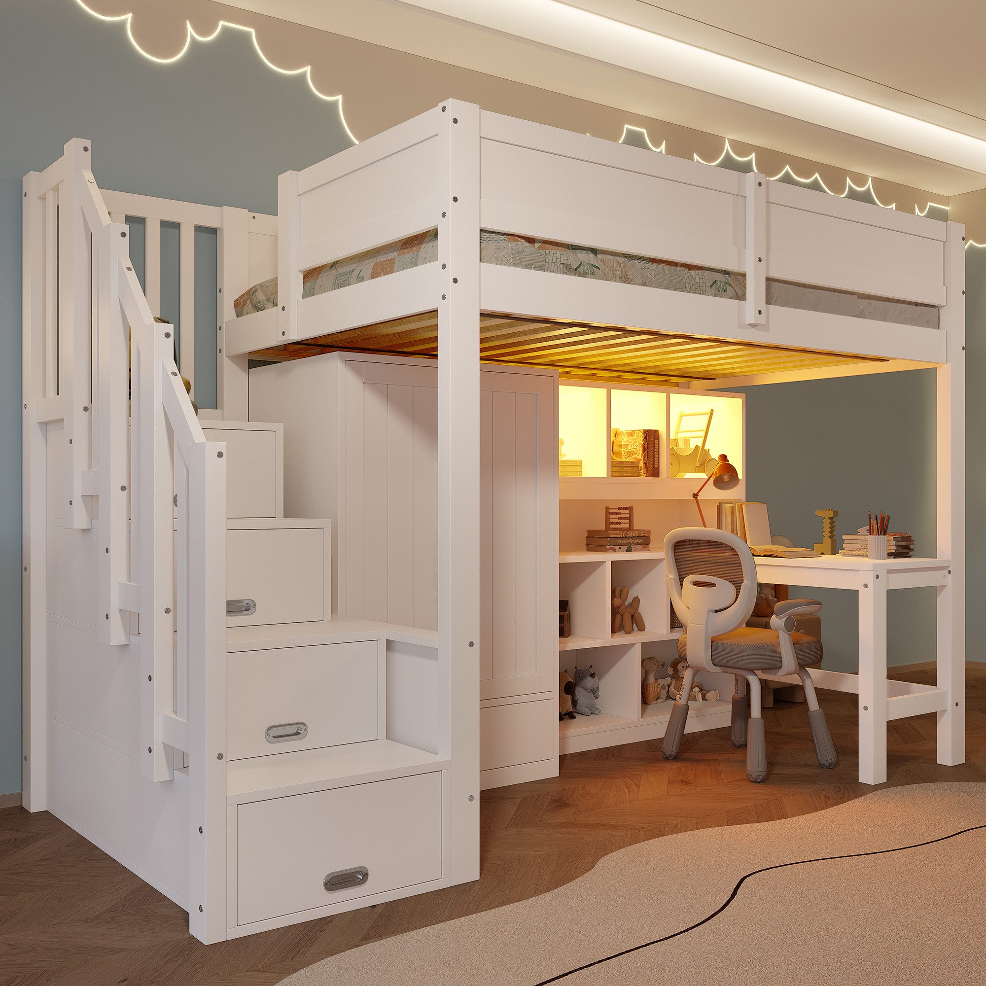 Merax Hochbett 90x200cm mit LED-Beleuchtung (1-St., Massivholz Jugendbett Einzelbett Hausbett) Kinderbett mit Schreibtisch, Kleiderschrank, Regal und Stauraumtreppe
