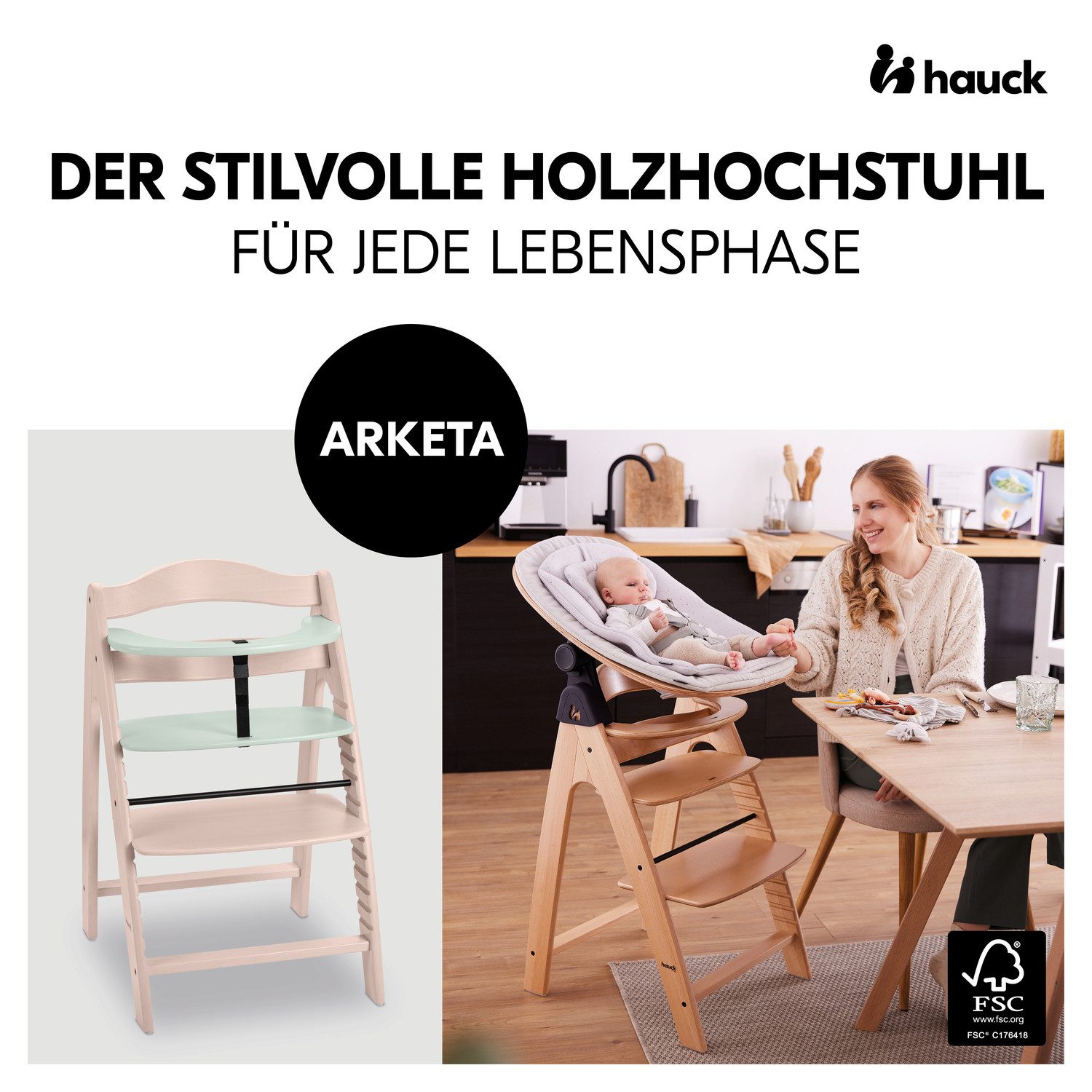Hauck Hochstuhl Arketa, Beech Whitewashed Mint, günstig online kaufen