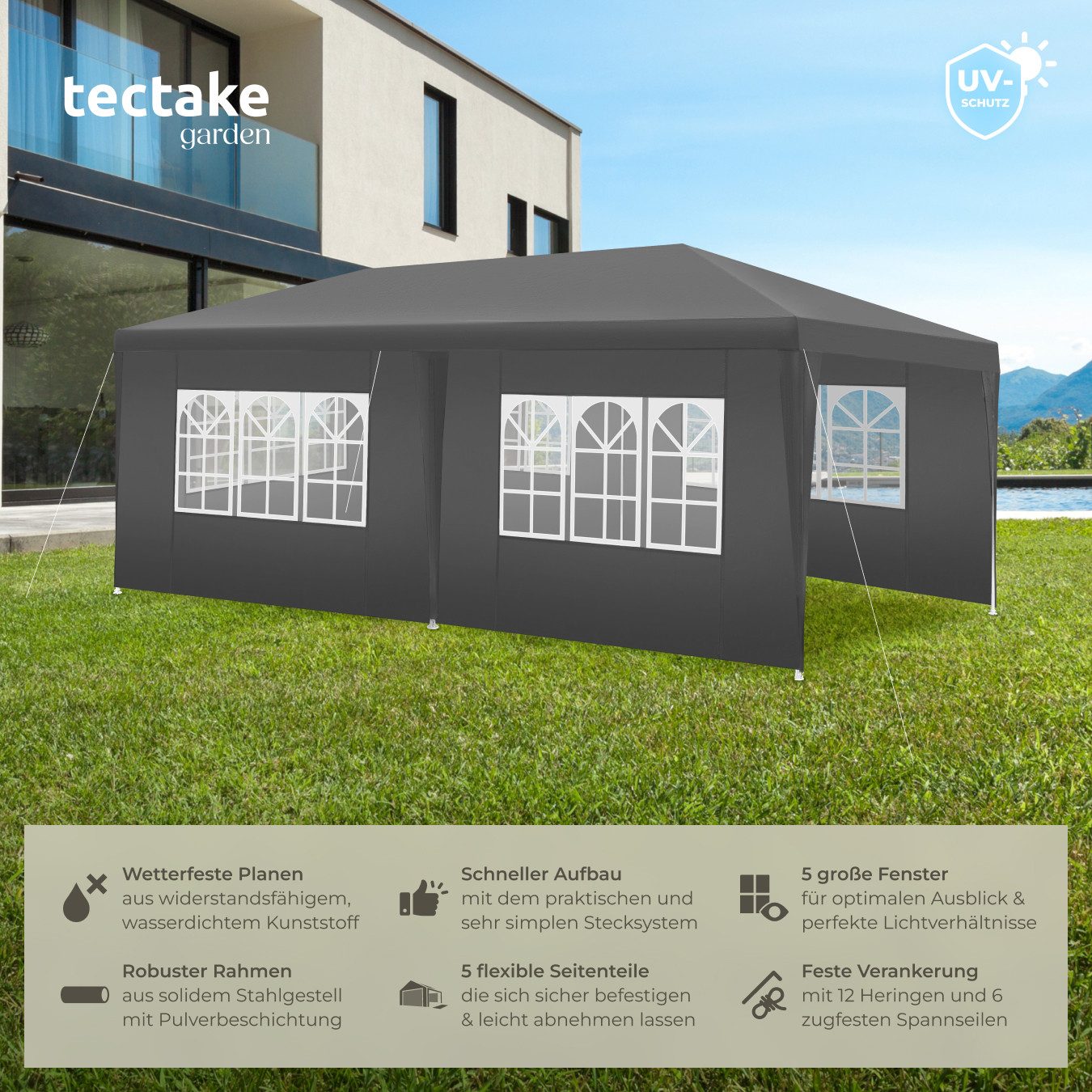 tectake Pavillon Partyzelt Novara mit 5 Seitenteilen, wasserdicht, 6x3m mit günstig online kaufen