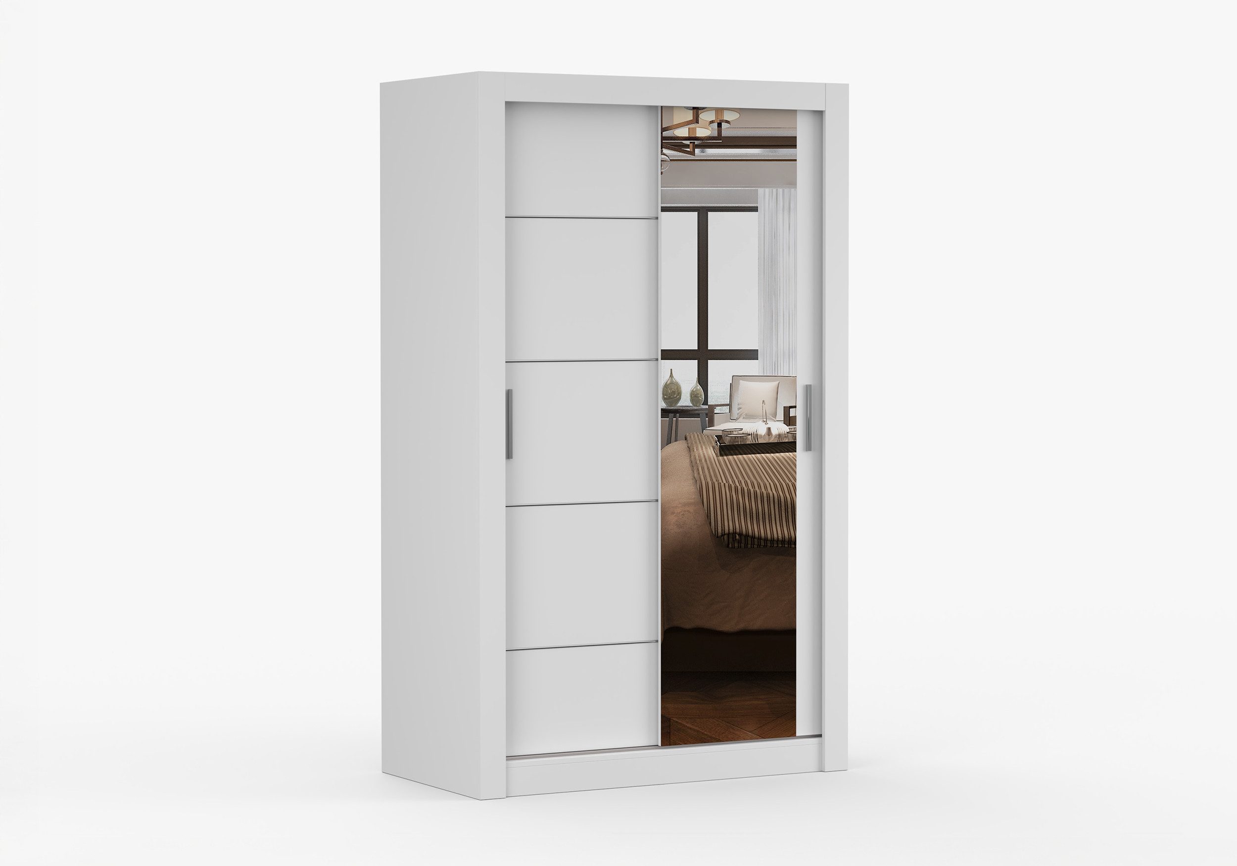 MOEBLO Kleiderschrank ARVIO (moderner Schiebetürenschrank mit Spiegel und viel Stauraum, Schwebetürenschrank 2/3-türig Schrank Garderobe Schiebtüren Schlafzimmer Wohnzimmerschrank mit Spiegel) (BxHxT): 120 / 150 / 180 / 203 / 250 x 215 x 64 cm