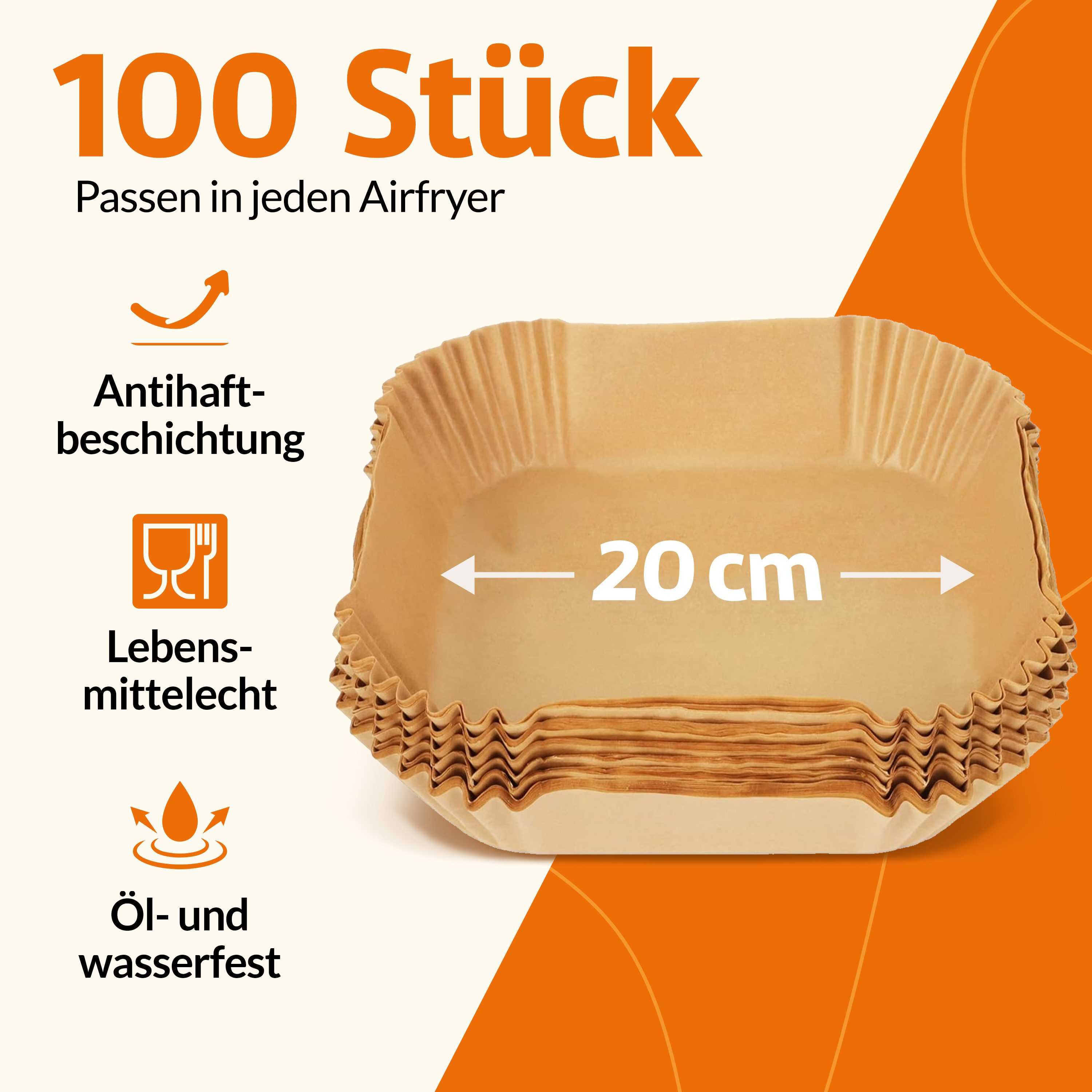 Onbest Backpapier 100 x Universal für alle AirFryer Heißluftfritteusen mit SMART BOX, 20 x 20 cm, für 4,5-8 Liter, Eckig, bis 230 °C, BPA-frei