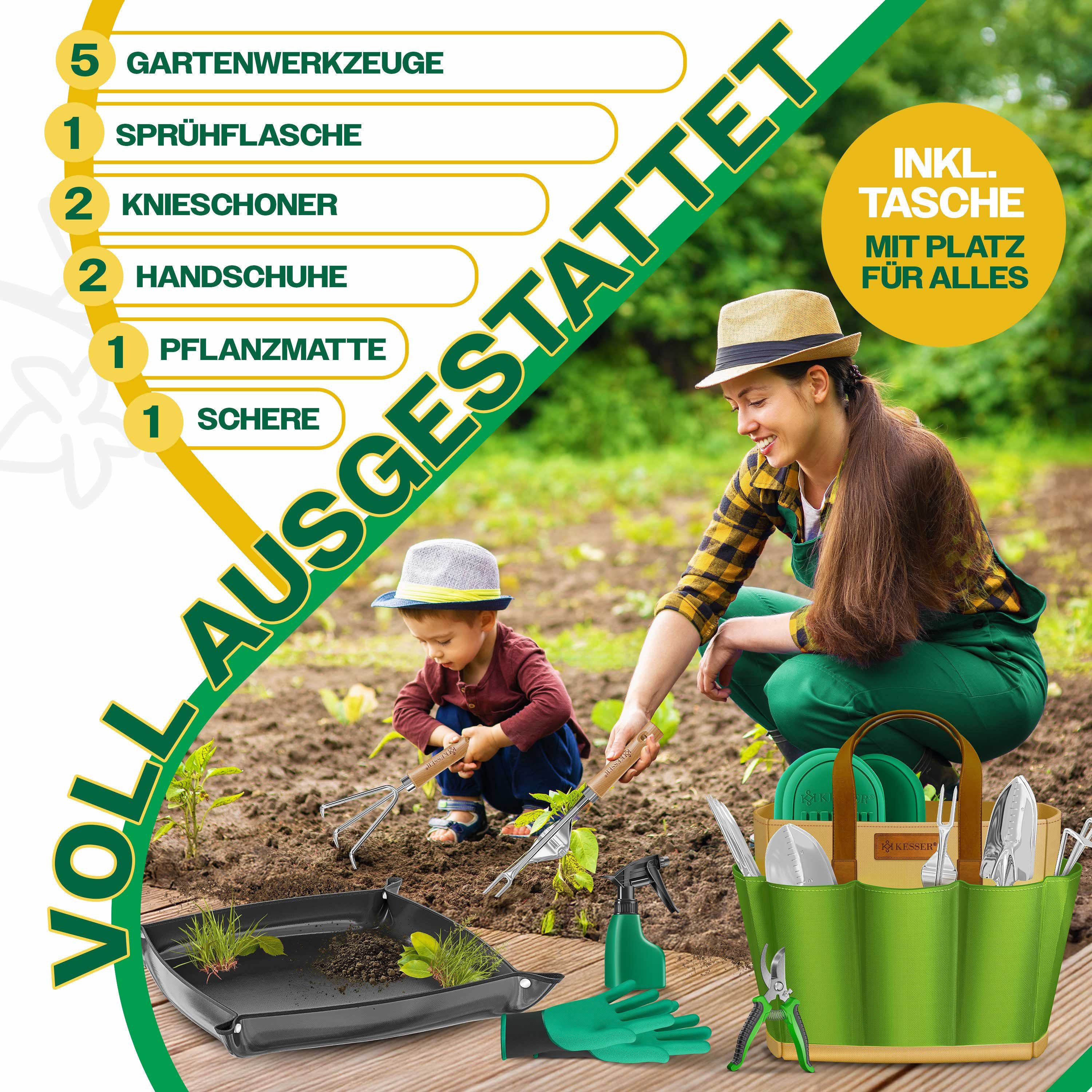 KESSER Gartenpflege-Set Gartenwerkzeug Set 10-teilig Gartengeräte mit ergonomischen Holzgriff, Handschaufel, Handgabel, Unkrautstecher, Handkelle, Handharke & Schere