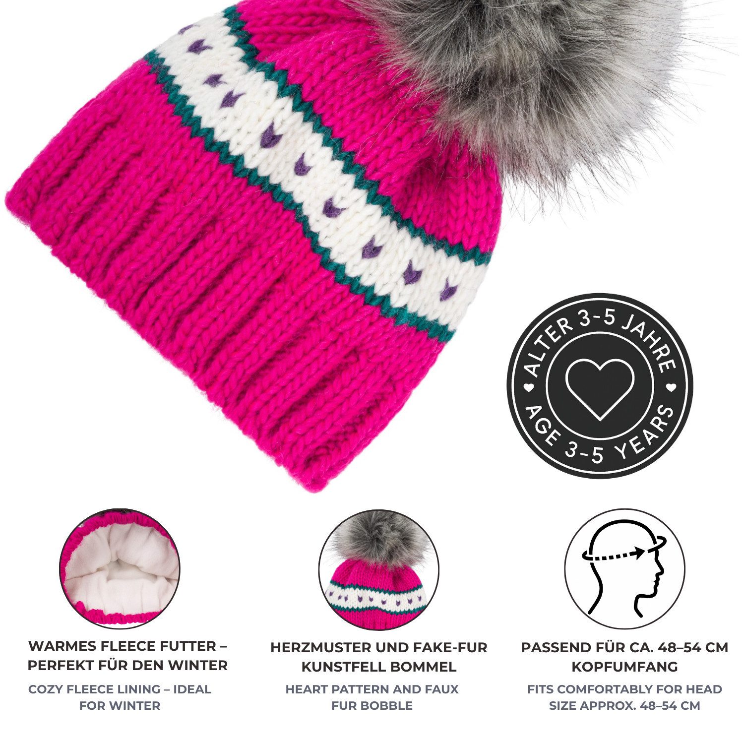 styleBREAKER Strickmütze Kinder Strick Bommelmütze Herzmuster (1-St)