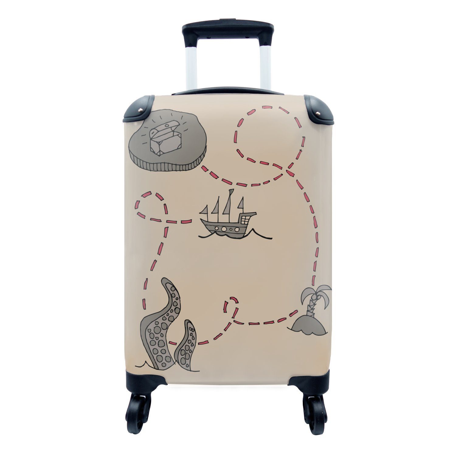 MuchoWow Handgepäckkoffer Illustration einer einfachen Schatzkarte für Kinder, 4 Rollen, Reisetasche mit rollen, Handgepäck für Ferien, Trolley, Reisekoffer