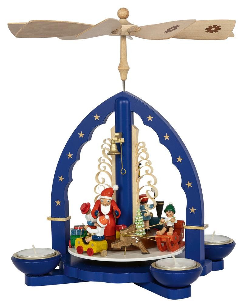 Richard Glaesser Weihnachtspyramide Weihnachtszug blau für Teelichter und Kerzen, Höhe 27cm, Handwerkskunst original Erzgebirge