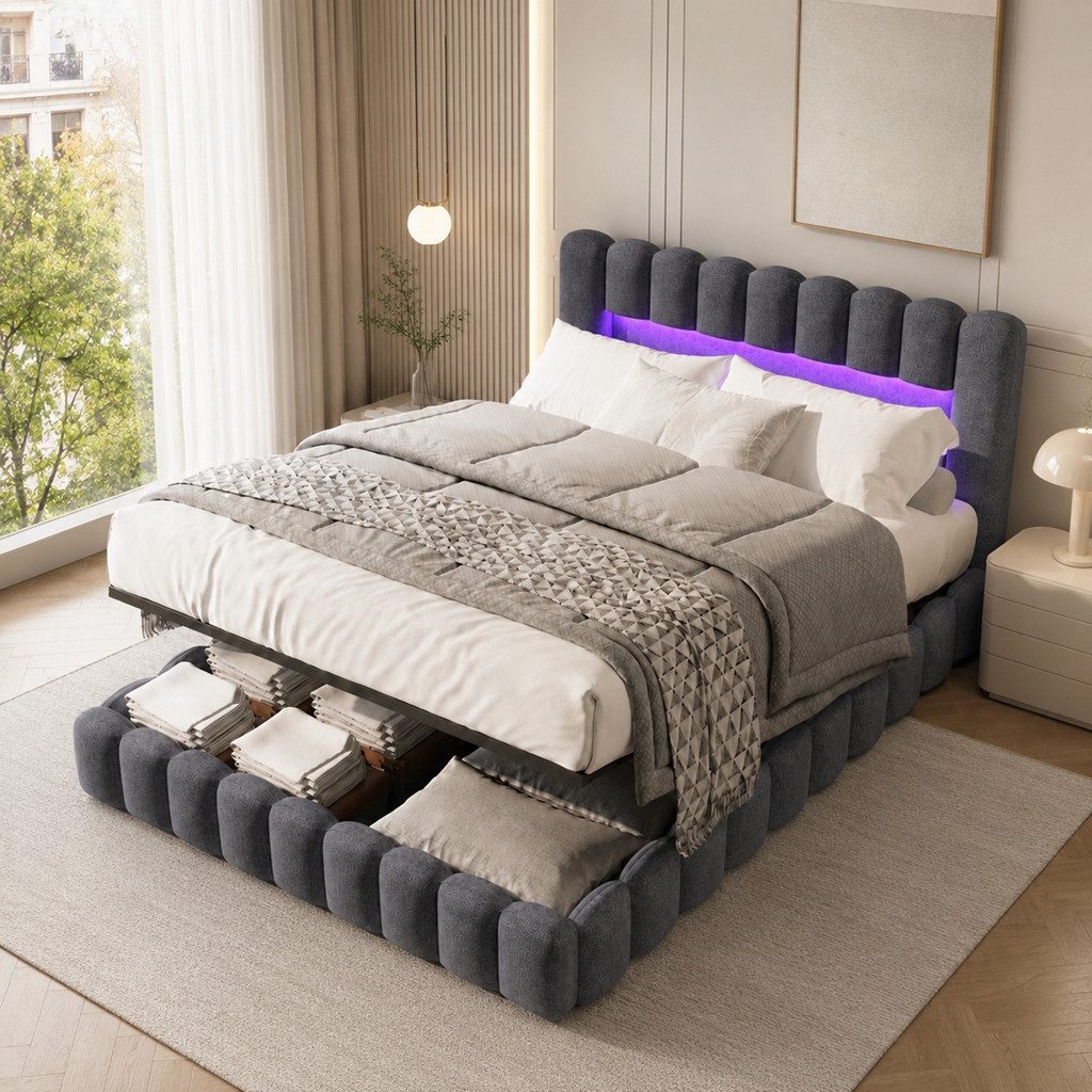Simurq Polsterbett Doppelbett LED Stauraumbett 140x200 cm (USB + Type-C, Hydraulisches Bett mit Stauraum), Bettkasten, Jugendbett mit Lattenrost, Leinen