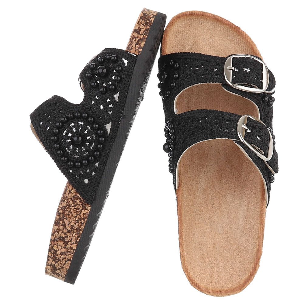 Ital-Design Damen Slides mit Schnallen und Perlenapplikation Pantolette (91971173) Flach Pantoletten in Schwarz – Bild 2 von 5