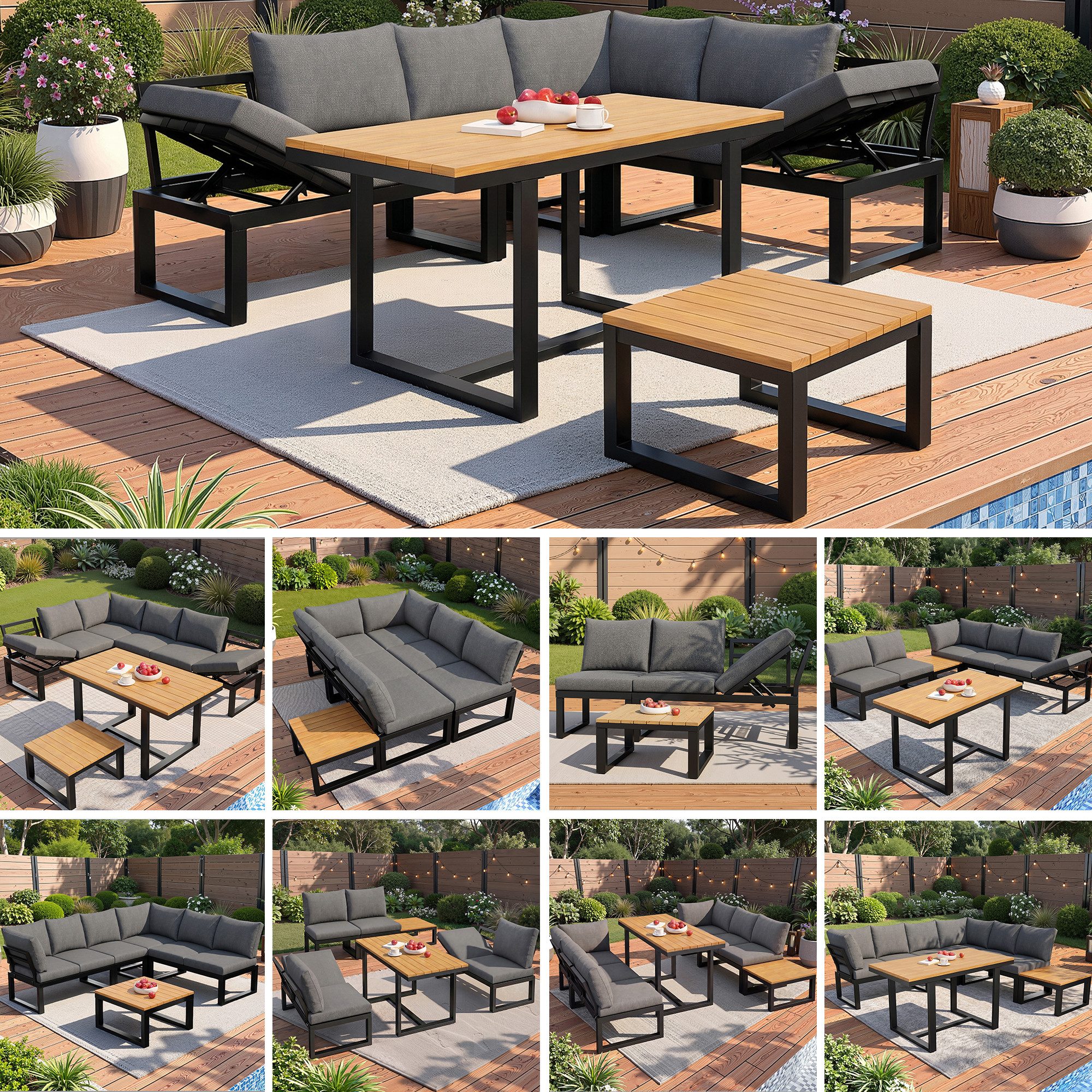MC Star Gartenlounge-Set 6-teiliges ohne Armlehnen, mit verstellbarer Rückenlehne, (Ecksofa mit Tisch & Couchtisch, wetterfestes Stahlgestell, Sitzkissen in Grau, Outdoor Lounge für Balkon & Terrasse)