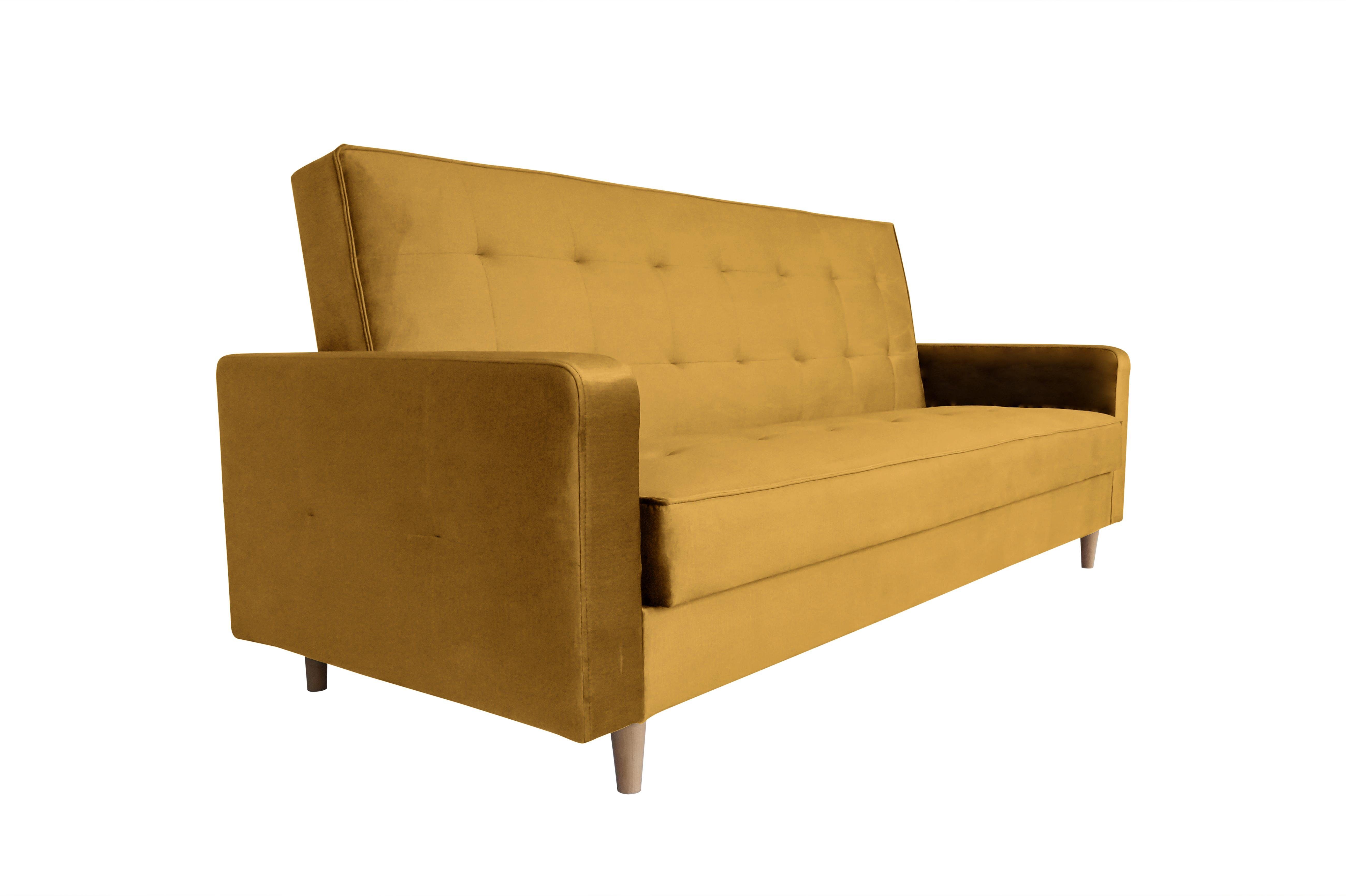 Senfgelb 01) Beautysofa Couch (kronos Stil, Sofa und im Polstersofa Bamako, Schlafsofa mit mit skandinavischen Bettkasten, Holzbeine Schlaffunktion
