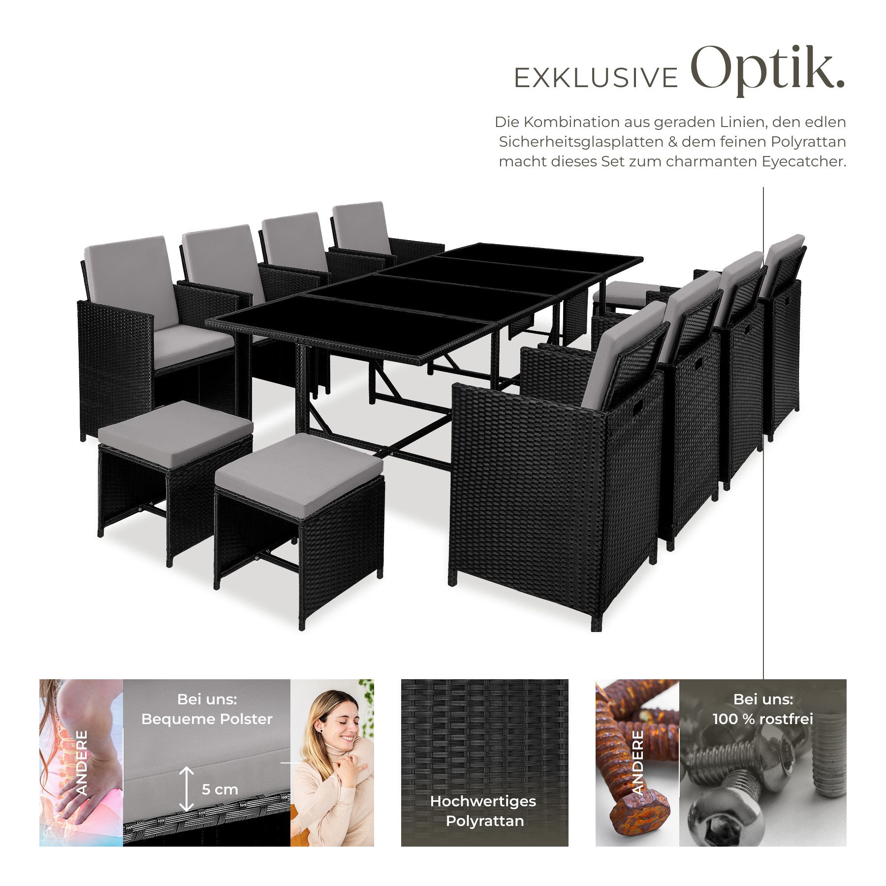 tectake Sitzgruppe Rattan-Gartenlounge für 8 bis 12 Personen, Inkl. Schutzhülle, (Loungeset Palma, 12-tlg., für Außen in Schwarz/Grau), widerstandsfähig, UV-beständig, mit Sicherheitsglasplatten