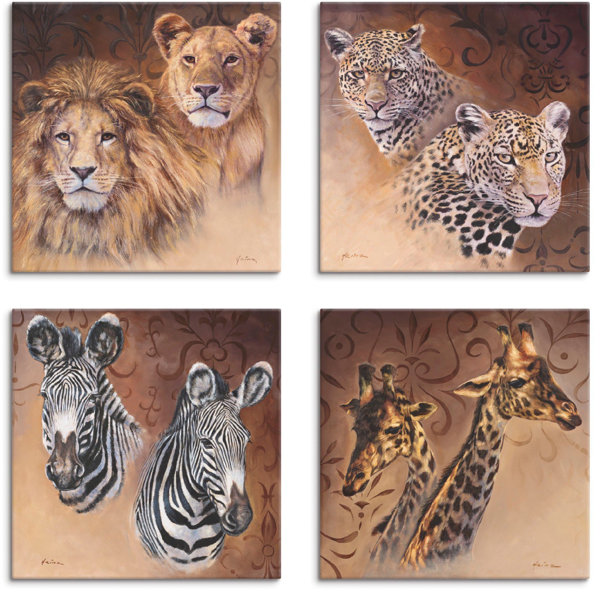 Artland Leinwandbild Löwen Leoparden Zebra Giraffen, Wildtiere (4 St), 4er Set, verschiedene Größen