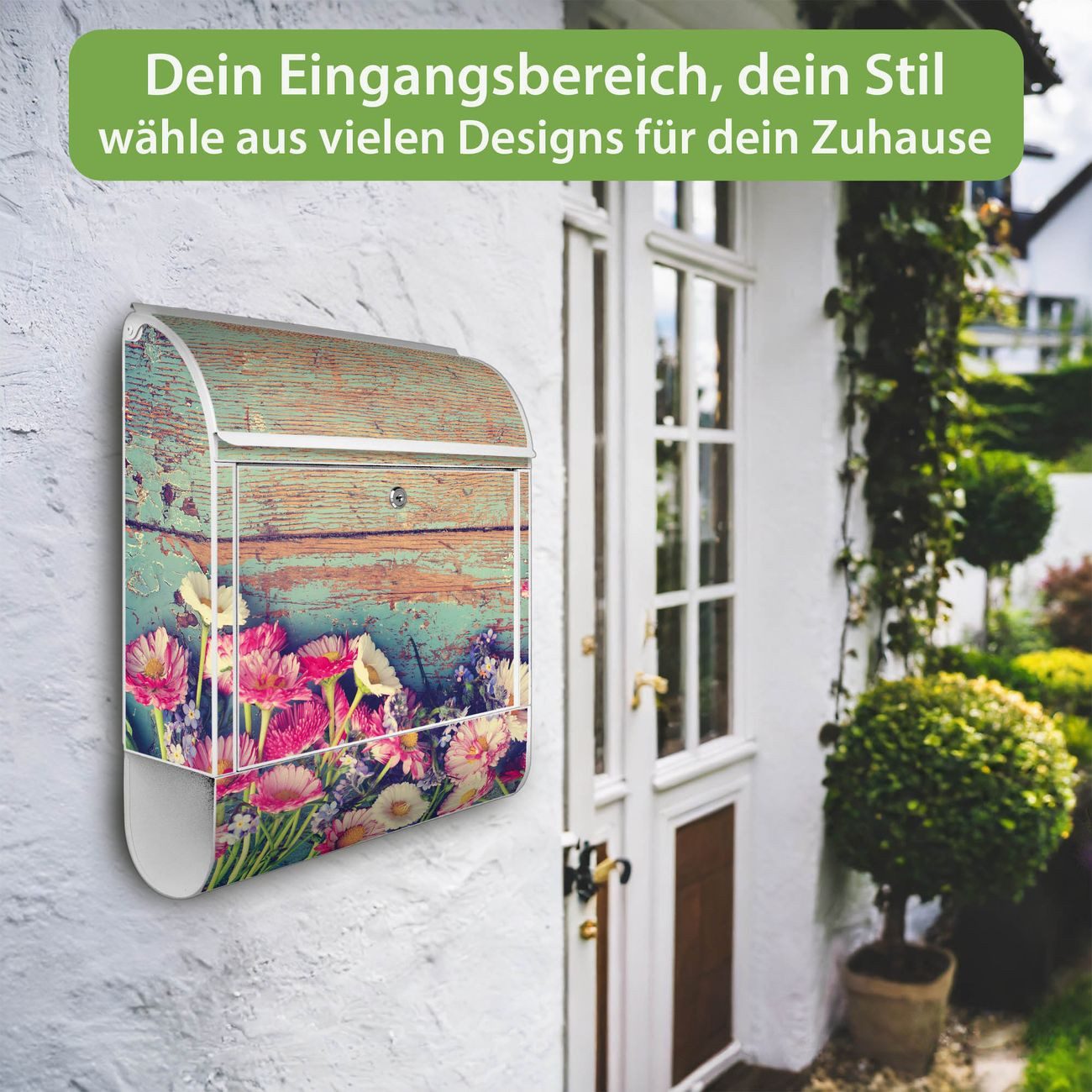 banjado Wandbriefkasten Weiß Stahl mit Motiv Blumenpfücken (Wandbriefkasten witterungsbeständig, pulverbeschichtet, mit Zeitungsfach), 47 x 39 x 14 cm