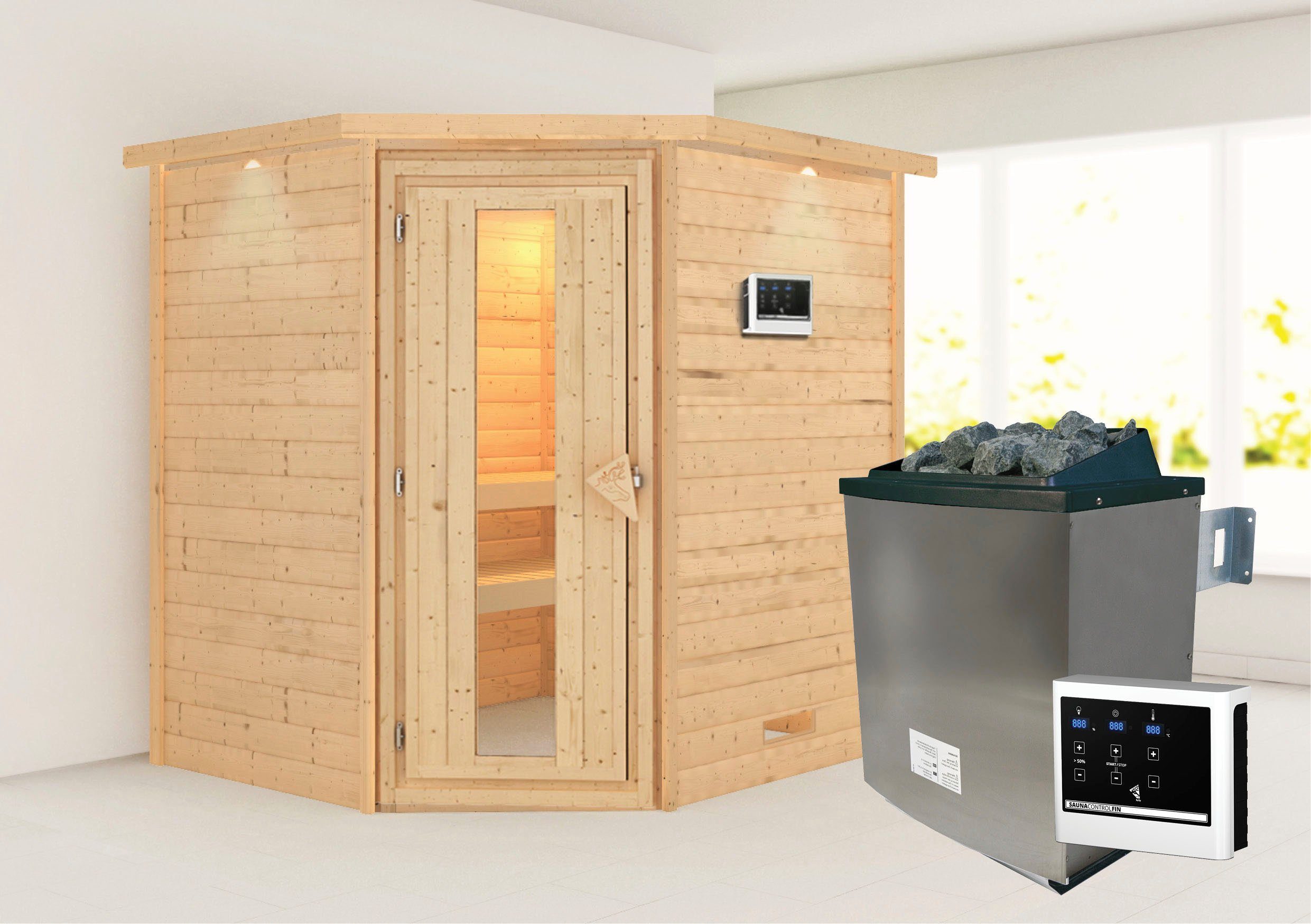 Karibu Sauna Mia (Fronteinstieg), BxTxH: 2240 x 1840 x 2020 cm, 38 mm, Ofen 9 KW externe Strg easy