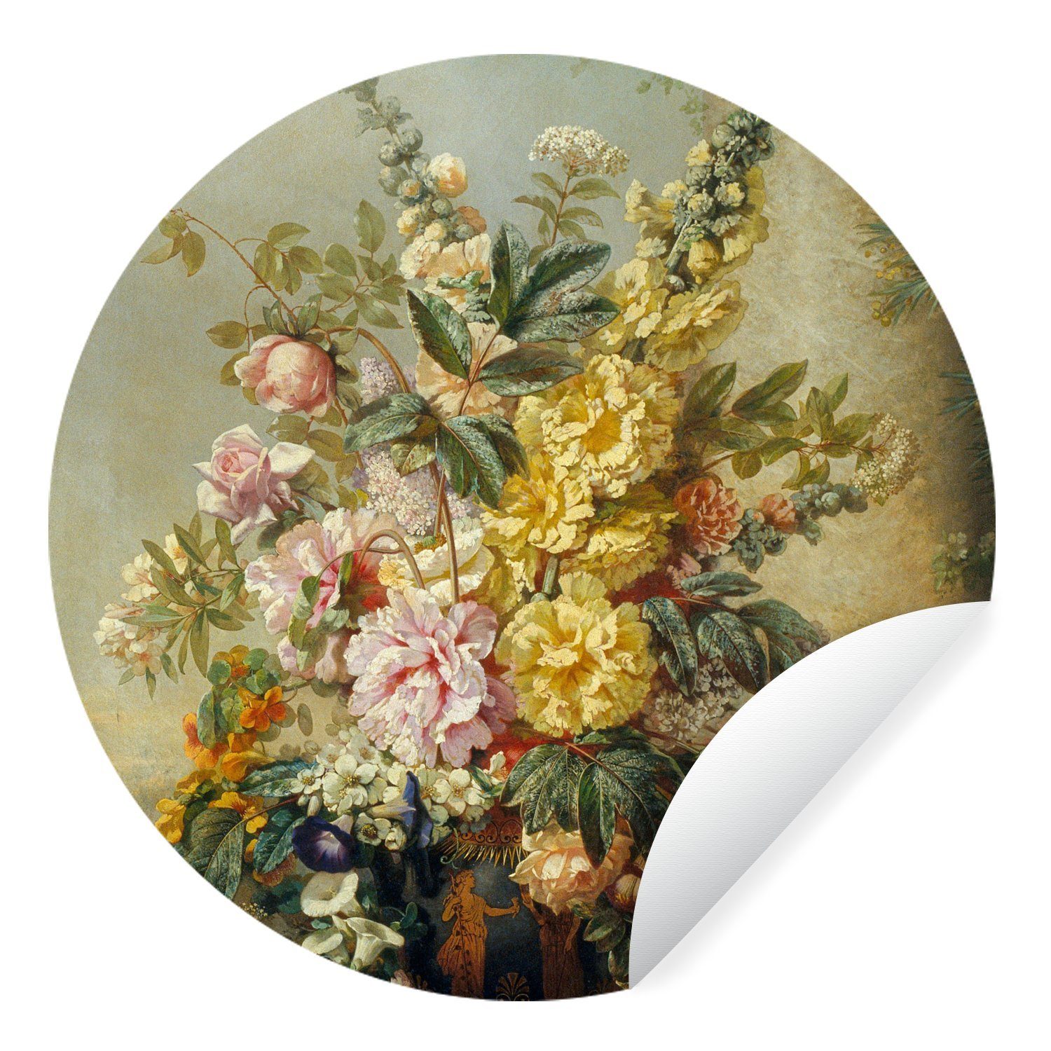 MuchoWow Wandsticker Große Vase mit Blumen - Josep Mirabent - Gemälde (1 St), Tapetenkreis für Kinderzimmer, Tapetenaufkleber, Rund, Wohnzimmer
