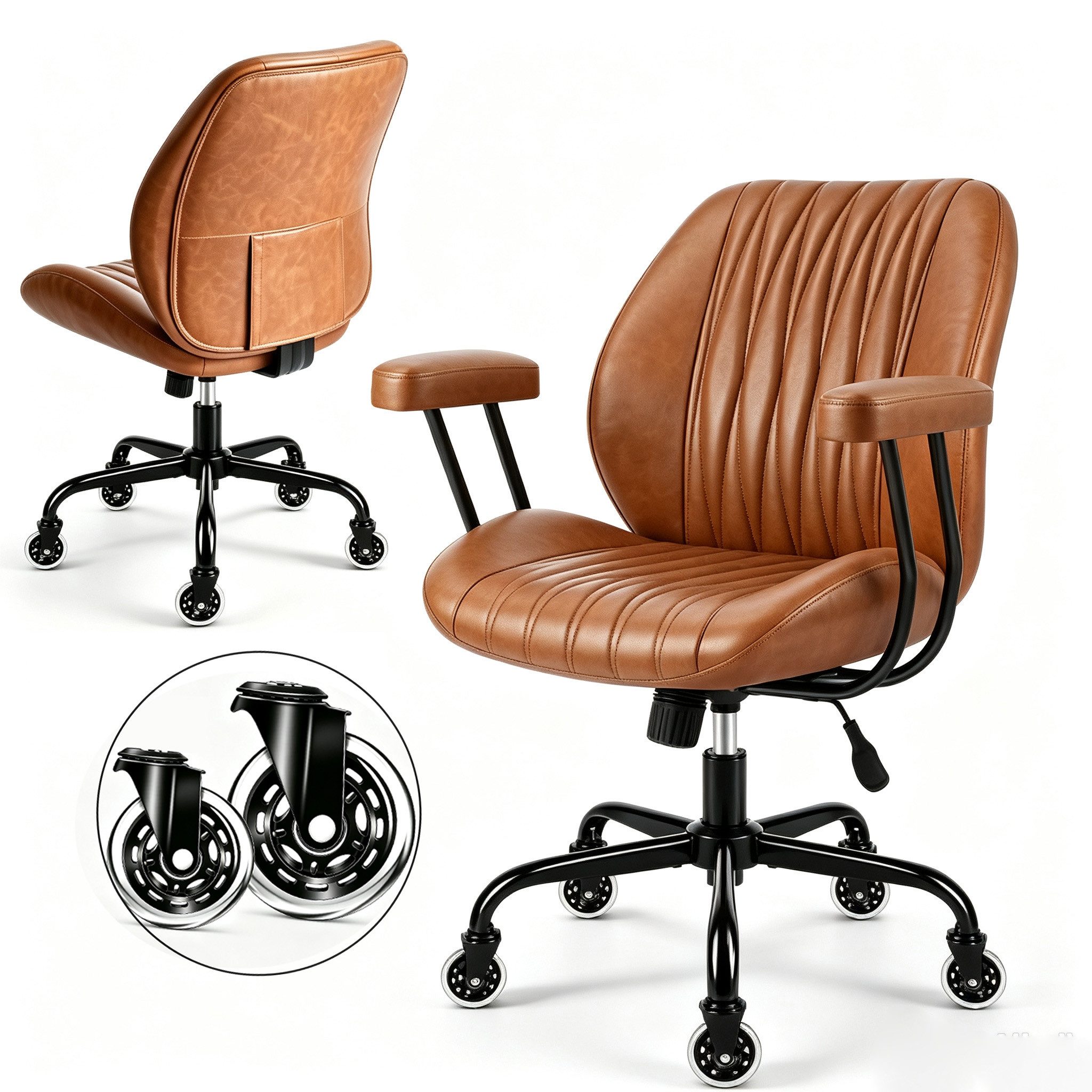 Hoolamyie Bürostuhl,drehstuhl PU-Leder, 90–120° neigbar, Lordosenstütze, leise Rollen (Höhenverstellbar, Bis 150 kg belastbar, Abnehmbare 7-cm-Armlehnen), 360° drehbar, höhenverstellbar, PU-Kunstleder, Rollen