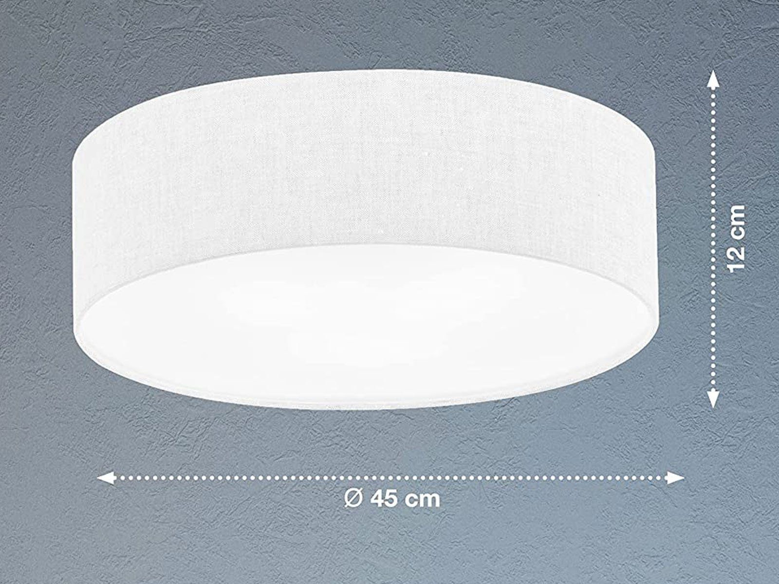 Stoff-Lampe Designklassiker flach Lampenschirm Decke Weiß Warmweiß, Deckenleuchte, wechselbar, meineWunschleuchte Dimmfunktion, Leinen LED Ø45cm LED