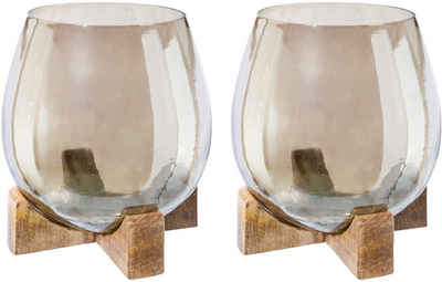 Creativ home Windlicht Teelichthalter (Set, 2 St), aus Glas und Holz, Höhe ca. 17 cm