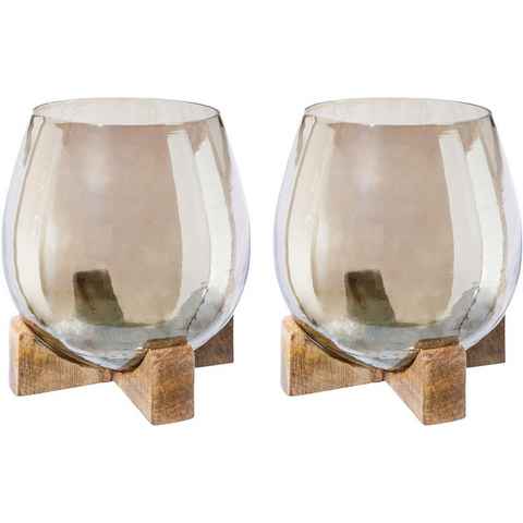 Creativ home Windlicht Teelichthalter (Set, 2 St), aus Glas und Holz, Höhe ca. 17 cm