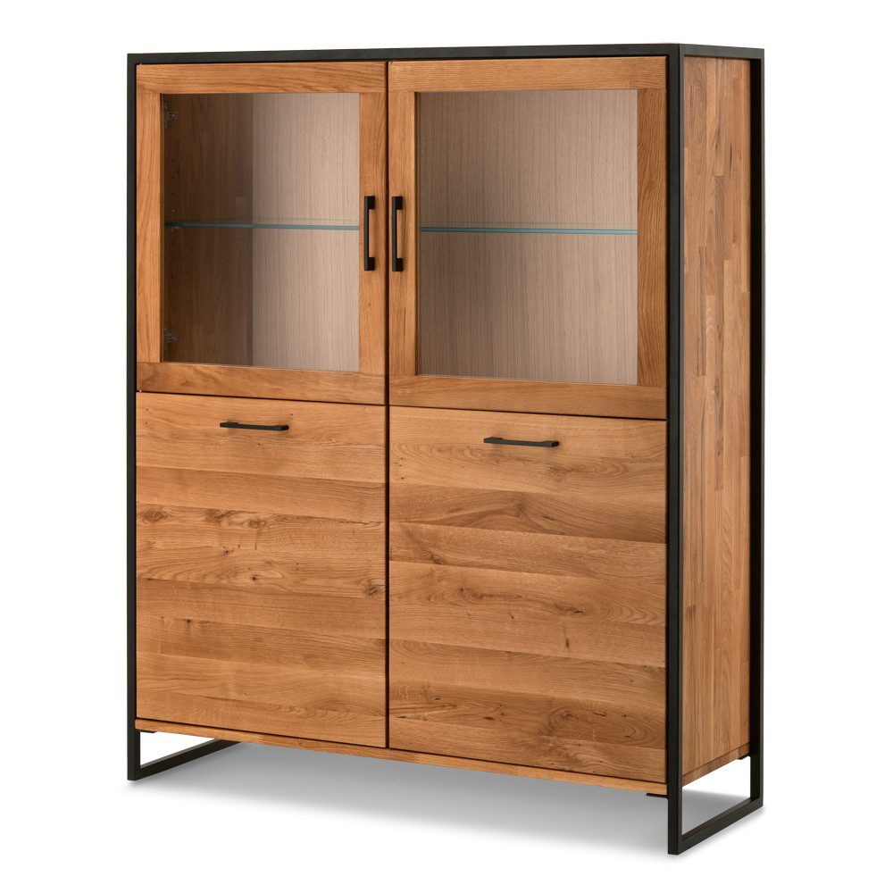 Lomadox Highboard FORST-64, Eiche massiv geölt, mit umlaufendem Metallrahmen, : 115/138/39 cm