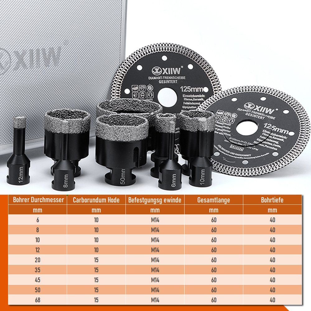 XERSEK 6-68mm + 11Tlg Trocken Diamantscheibe Kernbohrer, Set Feinsteinzeug Kernbohrer 125mm Fliesenbohrer Nass M14 11-tlg., Hohlbohrer Diamantbohrkronen Lochsäge