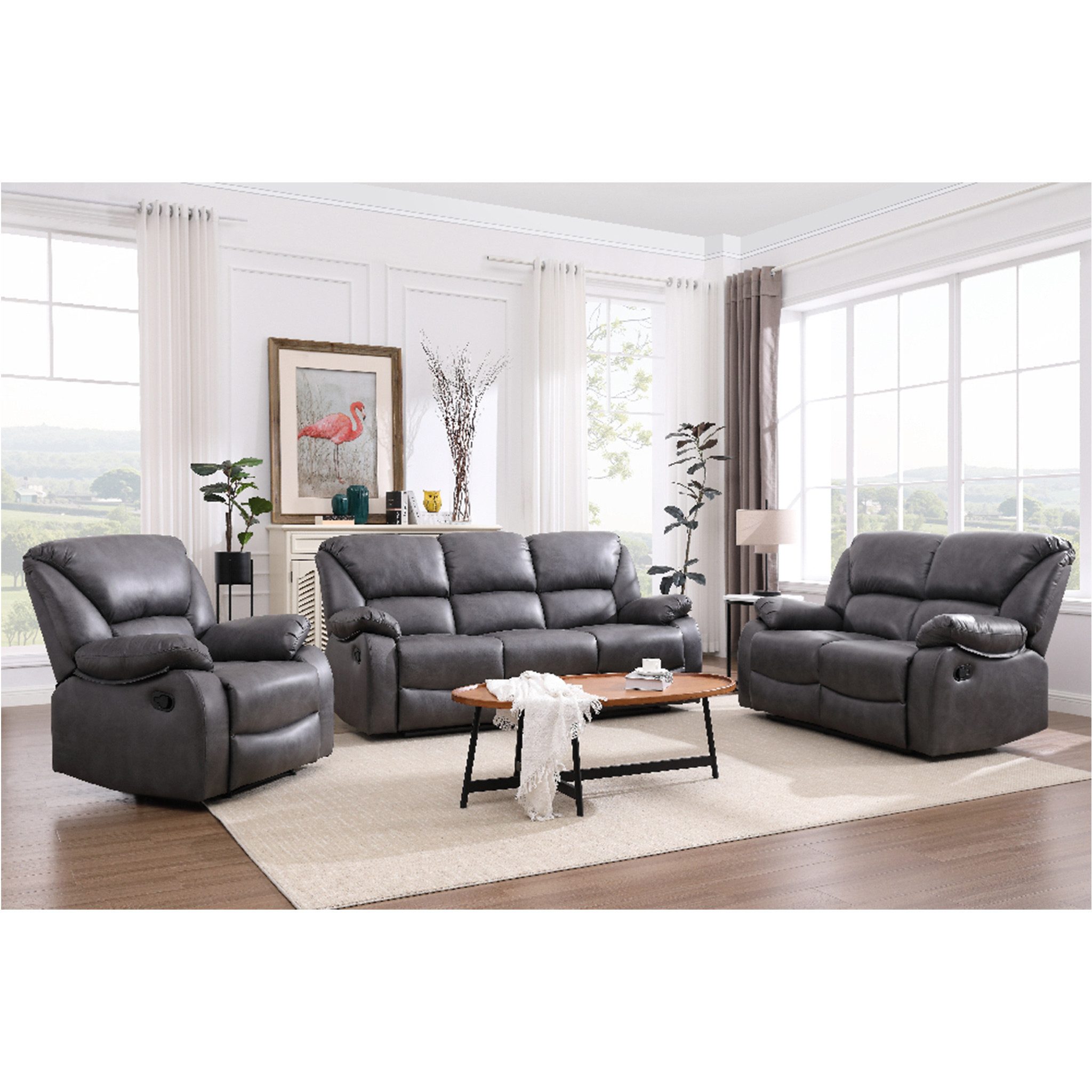 Happy Home Loungesofa Relaxsofa-Set 3 tlg. Couchgarnitur mit Relaxfunktionen grau Lederoptik