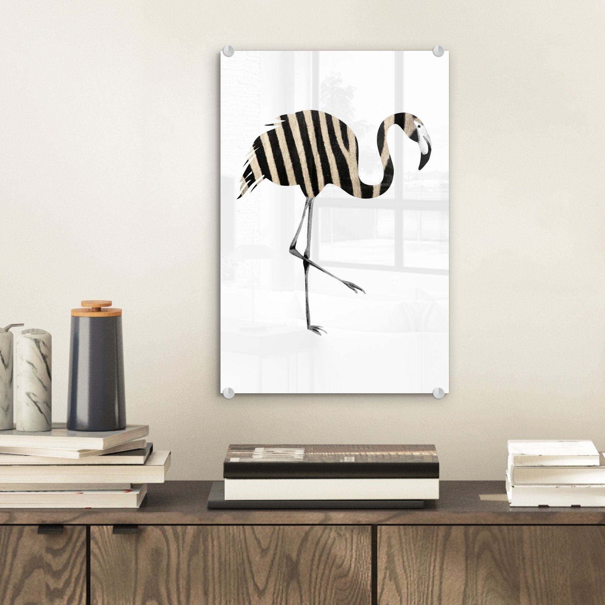 Wandbild - Schwarz Foto Zebra auf St), weiß, auf - Glasbilder - Wanddekoration - bunt Bilder Glas Glas Acrylglasbild und MuchoWow Flamingo (1 -