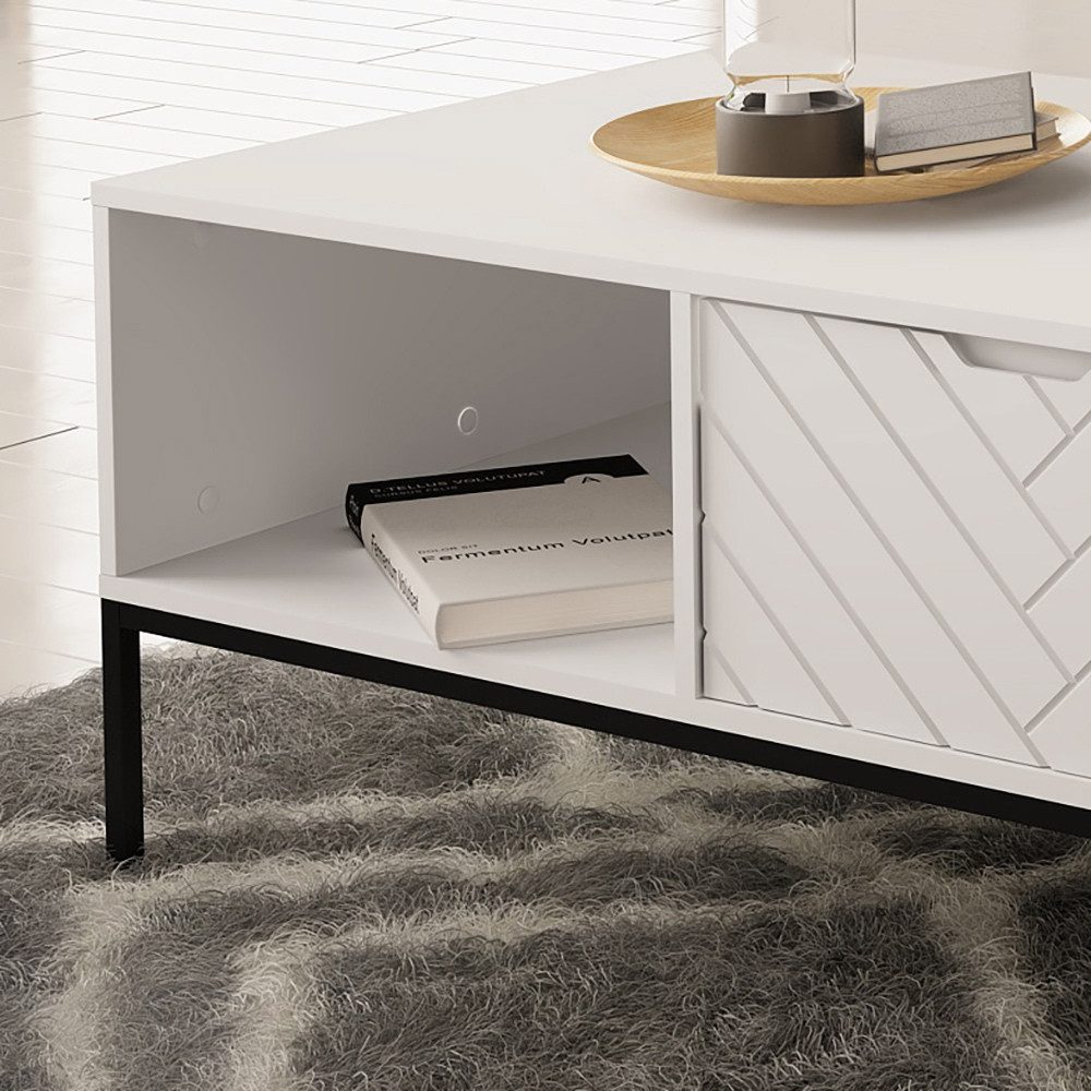 Lomadox Wohnzimmer-Set ANGERA-140, (Mega-Spar-Set, 3-St., Sideboard Couchtisch Kommode), modern in weiß mit Fischgrät Design und schwarzen Metalgestell