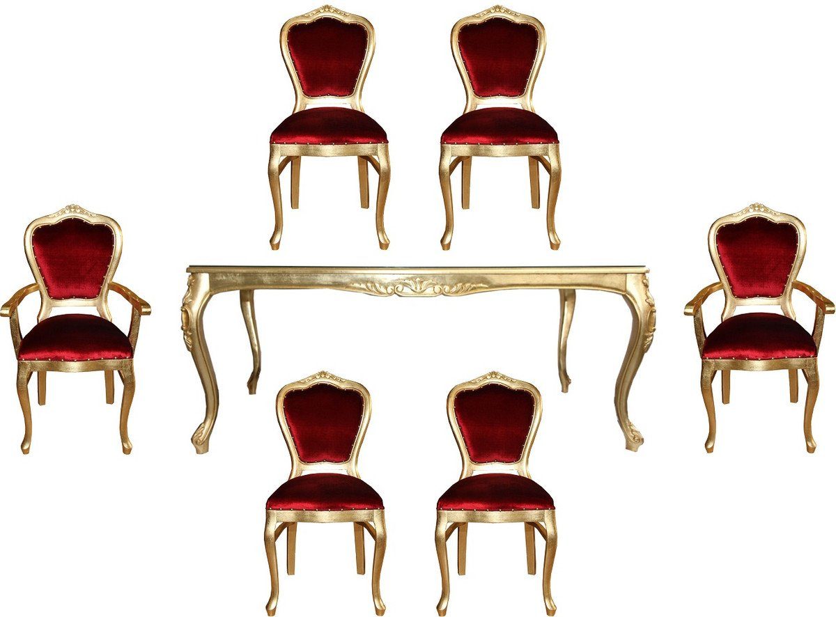 Casa Padrino Esszimmer-Set Luxus Barock Esszimmer Set Bordeauxrot / Gold - 1 Esstisch mit Glasplatte und 6 Stühle - Barock Esszimmermöbel - Made in Italy - Luxury Collection
