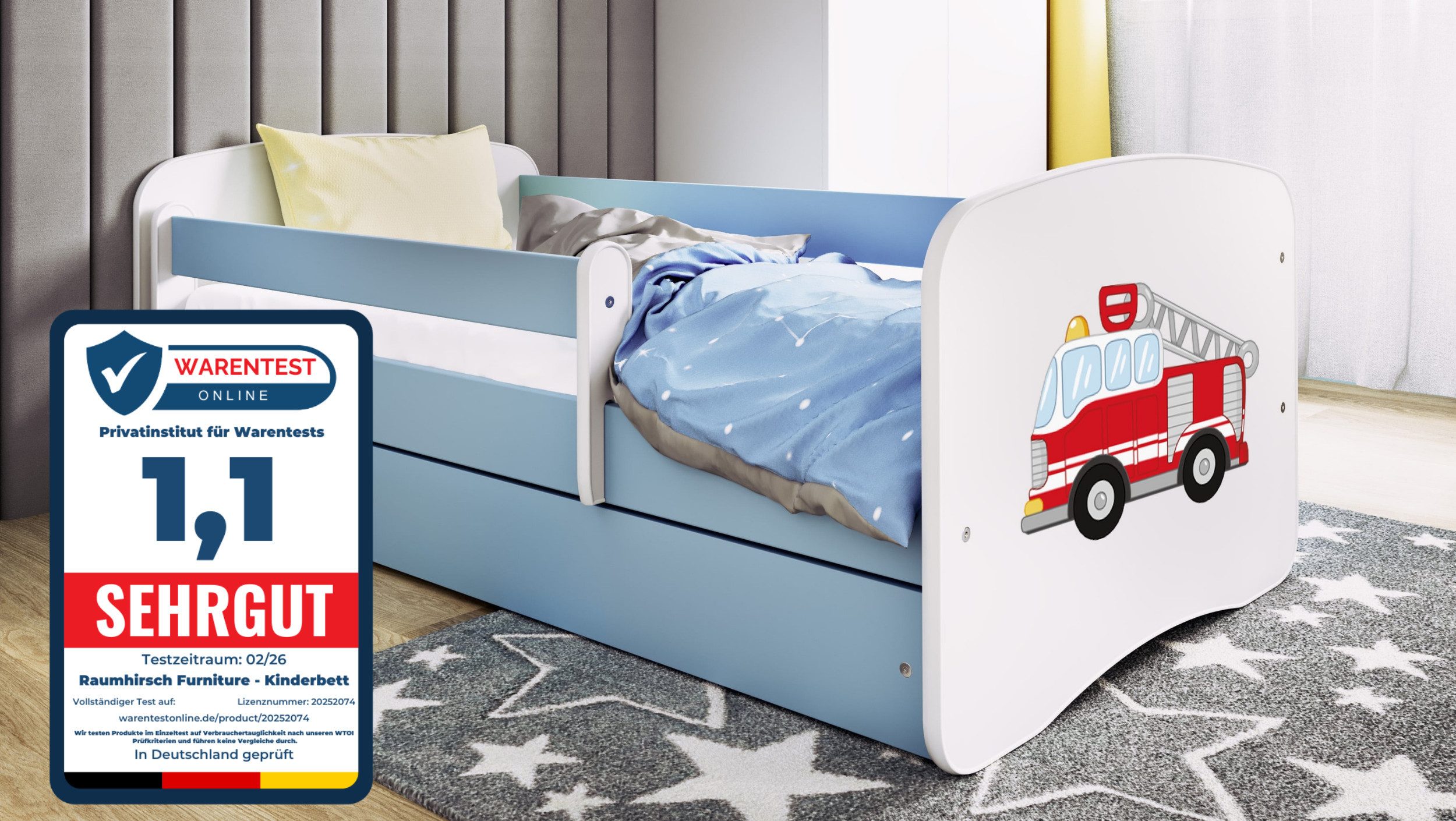 Raumhirsch Furniture Kinderbett 70x140, 80x160, 80x180 cm - Komplettset mit Matratze & Schublade (Bett für Mädchen, Einzelbett für Kinder von 2-12 Jahren, Rausfallschutz und Lattenrost), verschiedene Farben & Designs