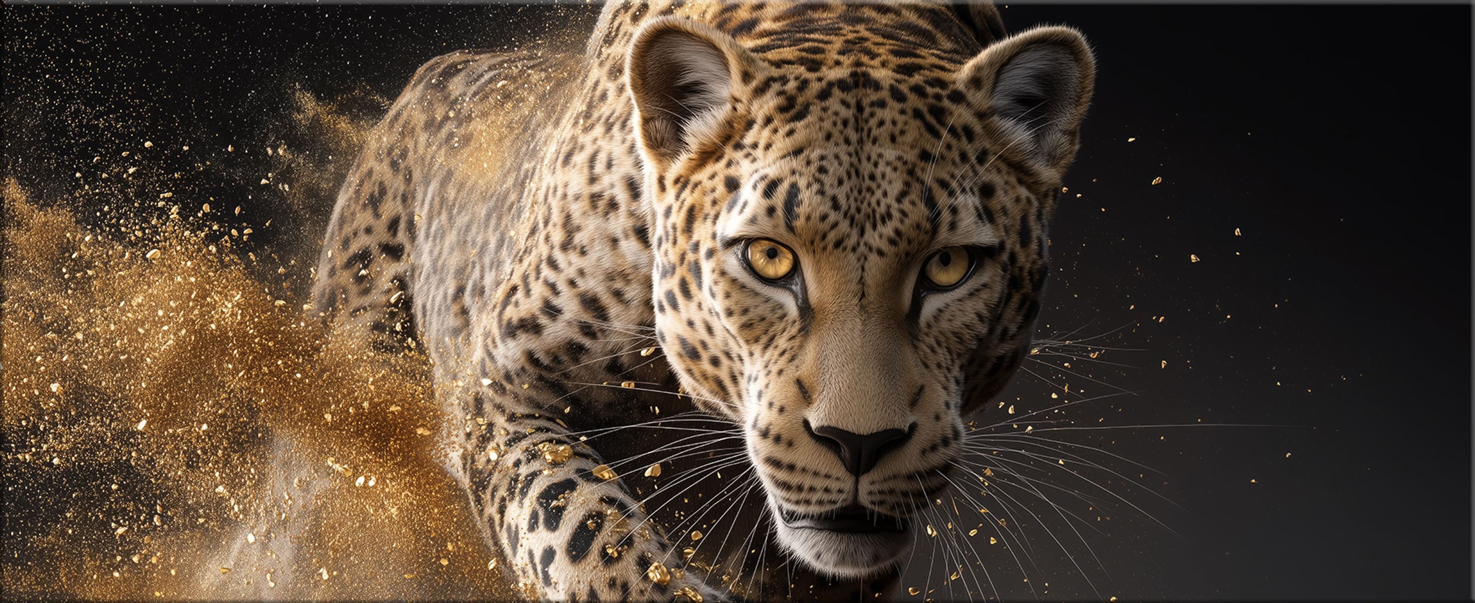 artissimo Glasbild XXL Bild aus Glas 125x50 cm / Panorama Wandbild groß / Wanddeko modern, Tiere: Leopard mit goldenen Farbakzenten