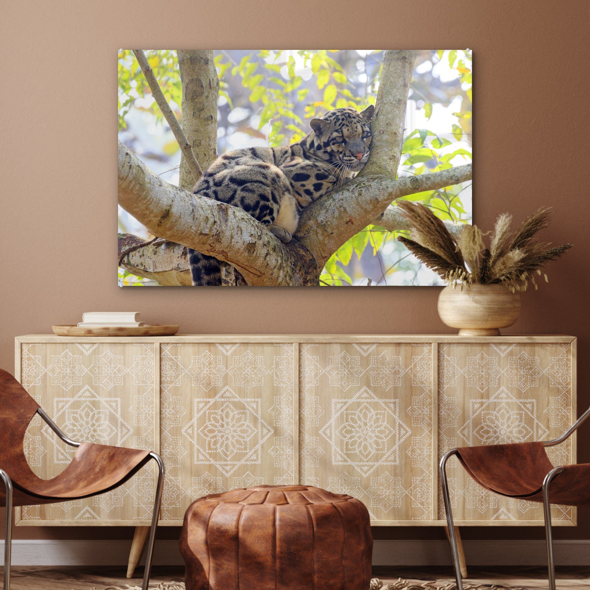 (1 St), Wolkenleopard Acrylglasbilder & Baum Schlafzimmer Ein aus, ruht auf sich MuchoWow Acrylglasbild einem Wohnzimmer