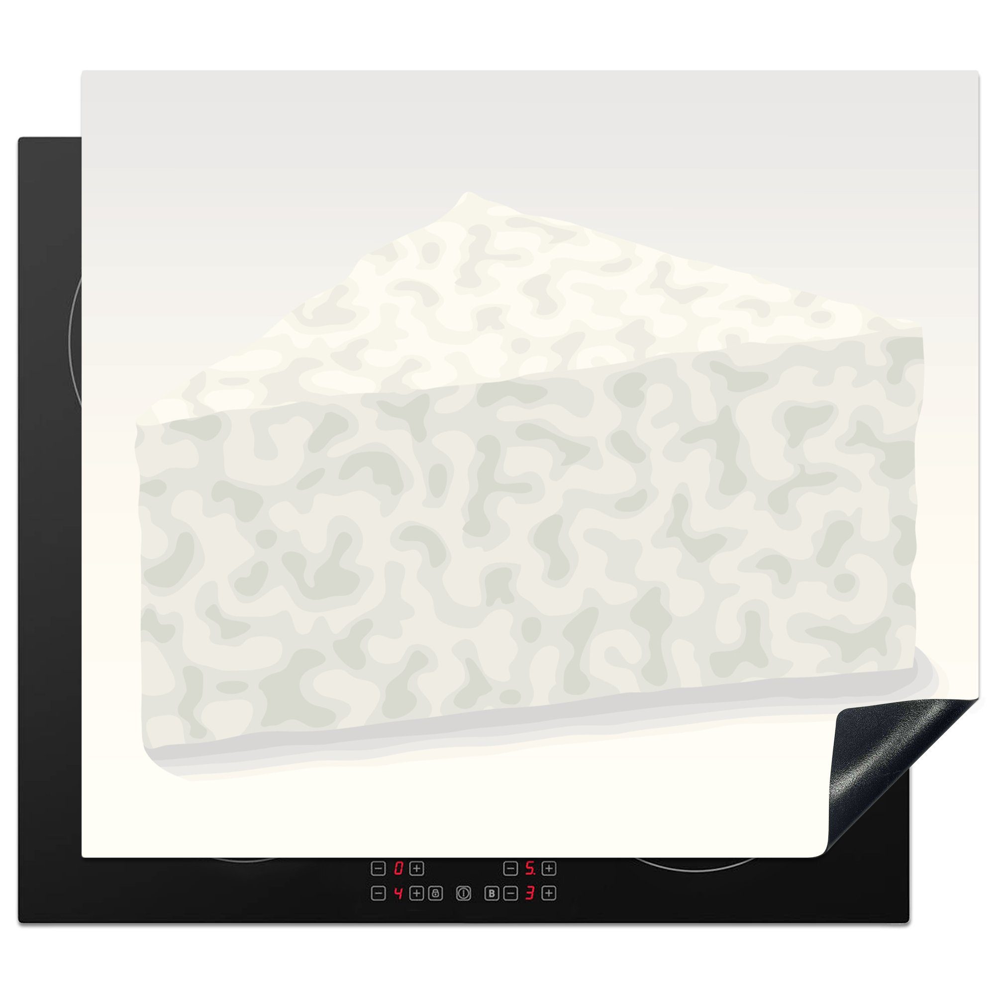 MuchoWow Herdblende-/Abdeckplatte Illustration eines Stücks Feta-Käse, Vinyl, (1 tlg), 60x52 cm, Mobile Arbeitsfläche nutzbar, Ceranfeldabdeckung