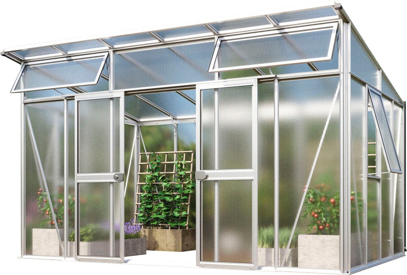 Vitavia Gewächshaus Aura 11500, BxTxH: 392,8 x 295 x 242,3 cm, 10 mm Wandstärke, aus besonders stabilen Alu-Profilen, 10 mm Hohlkammerplatten silberfarben