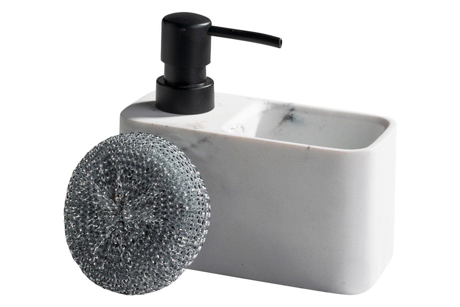 Seifenspender MAID, 200 ml, Grau, Weiß, Kunststoff, Marmoroptik, Pumpkopf aus Kunststoff, mit Ablagefläche & Schwamm