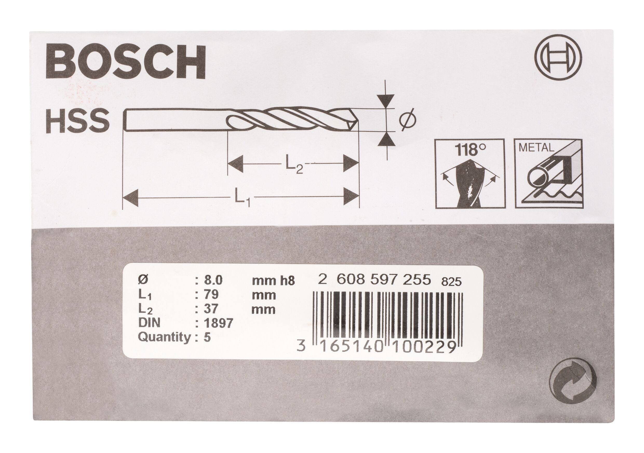 BOSCH Metallbohrer, (DIN 5er-Pack Stück), 37 x 1897) 8 HSS-R (5 x - Karosseriebohrer - 79 mm