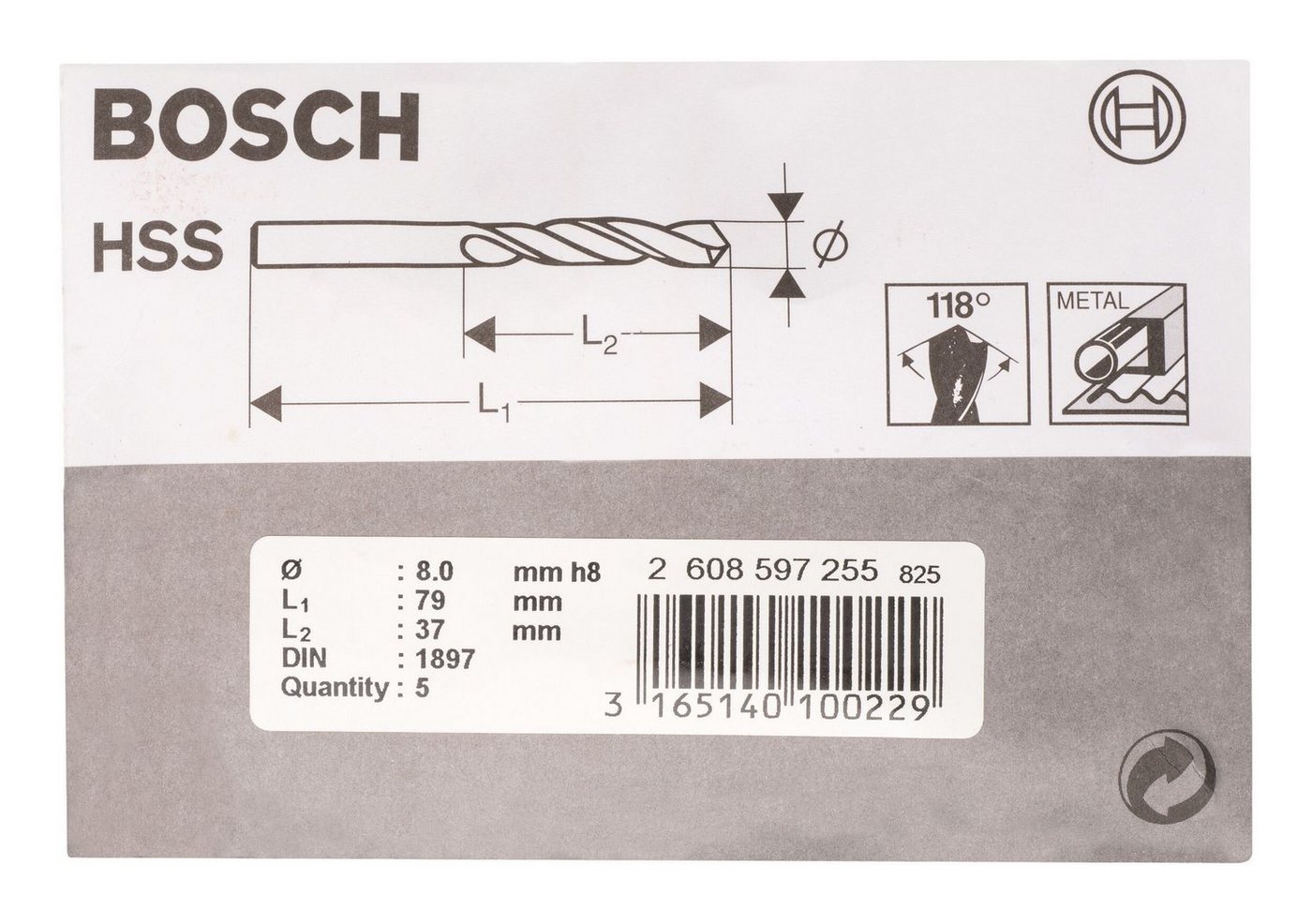 Thumbnail - BOSCH Metallbohrer, (5 Stück), HSS-R (DIN 1897) Karosseriebohrer - 8 x 37 x 79 mm - 5er-Pack