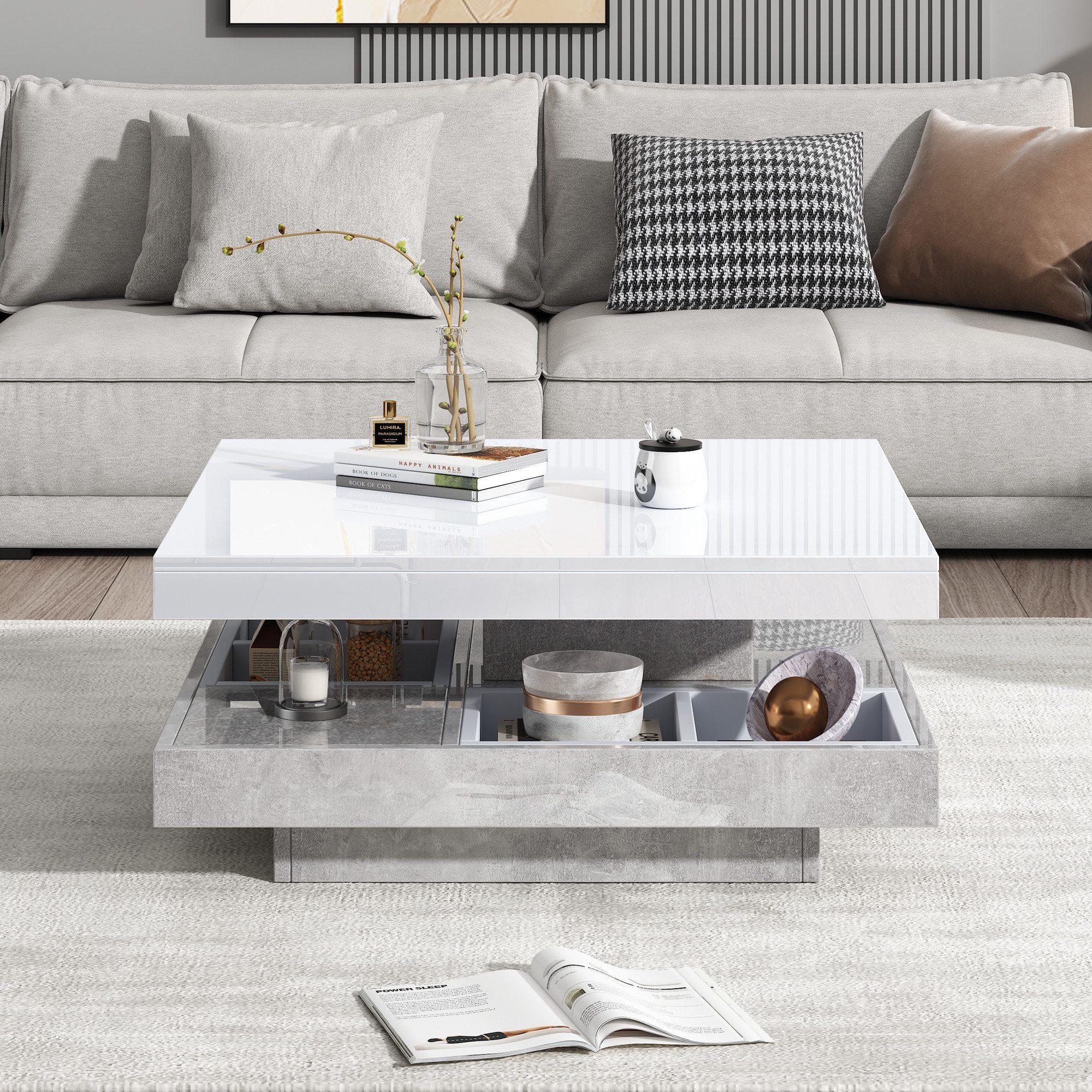 REDOM Couchtisch Eleganter Hochglanz Couchtisch Weiß mit (Satztisch, Wohnzimmertisch Beistelltisch, 1-St., 4 Ablagefach), Doppelcouchtisch mit Hochglanzplatte Tischplatte 360° drehbar
