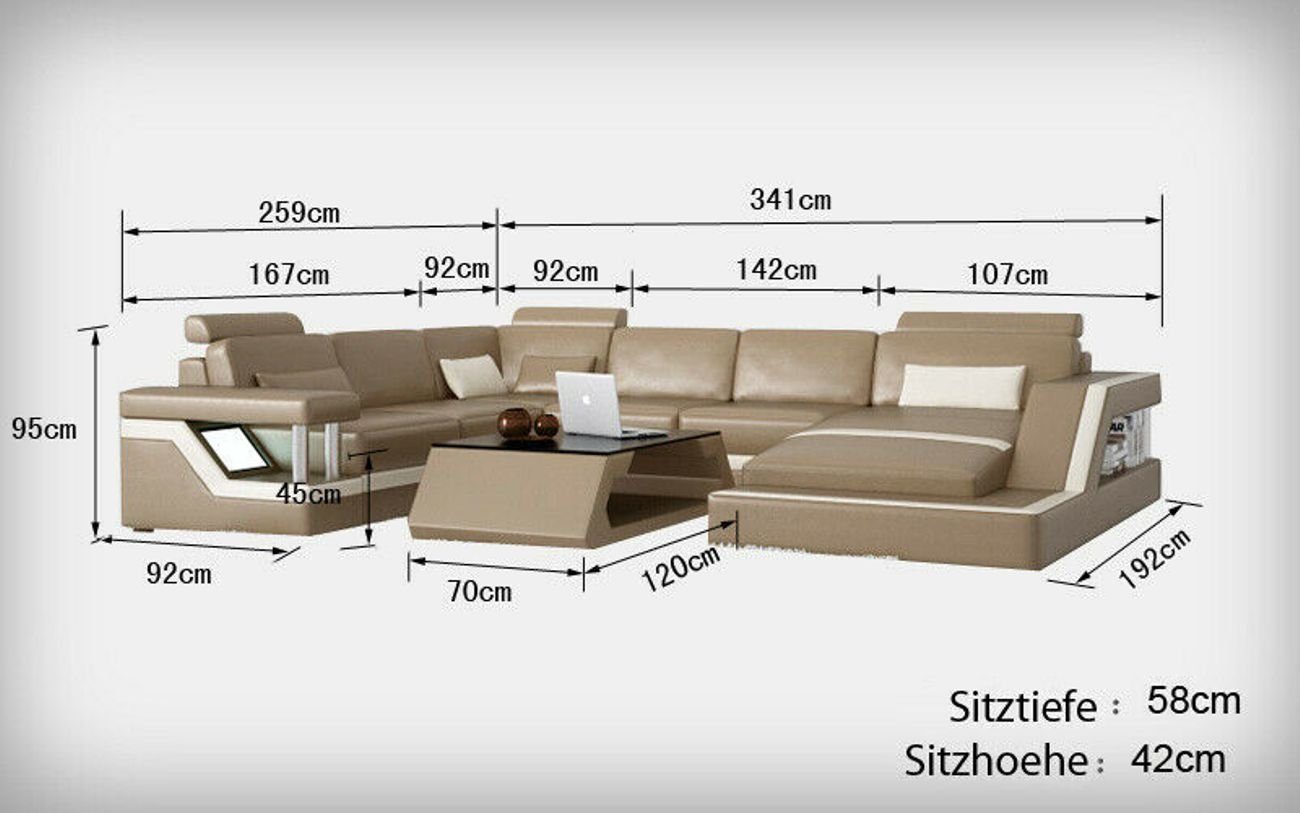 JVmoebel Ecksofa Leder Wohnlandschaft Eck Sofa Moderne Garnitur Couch Ecke USB+LED Beige